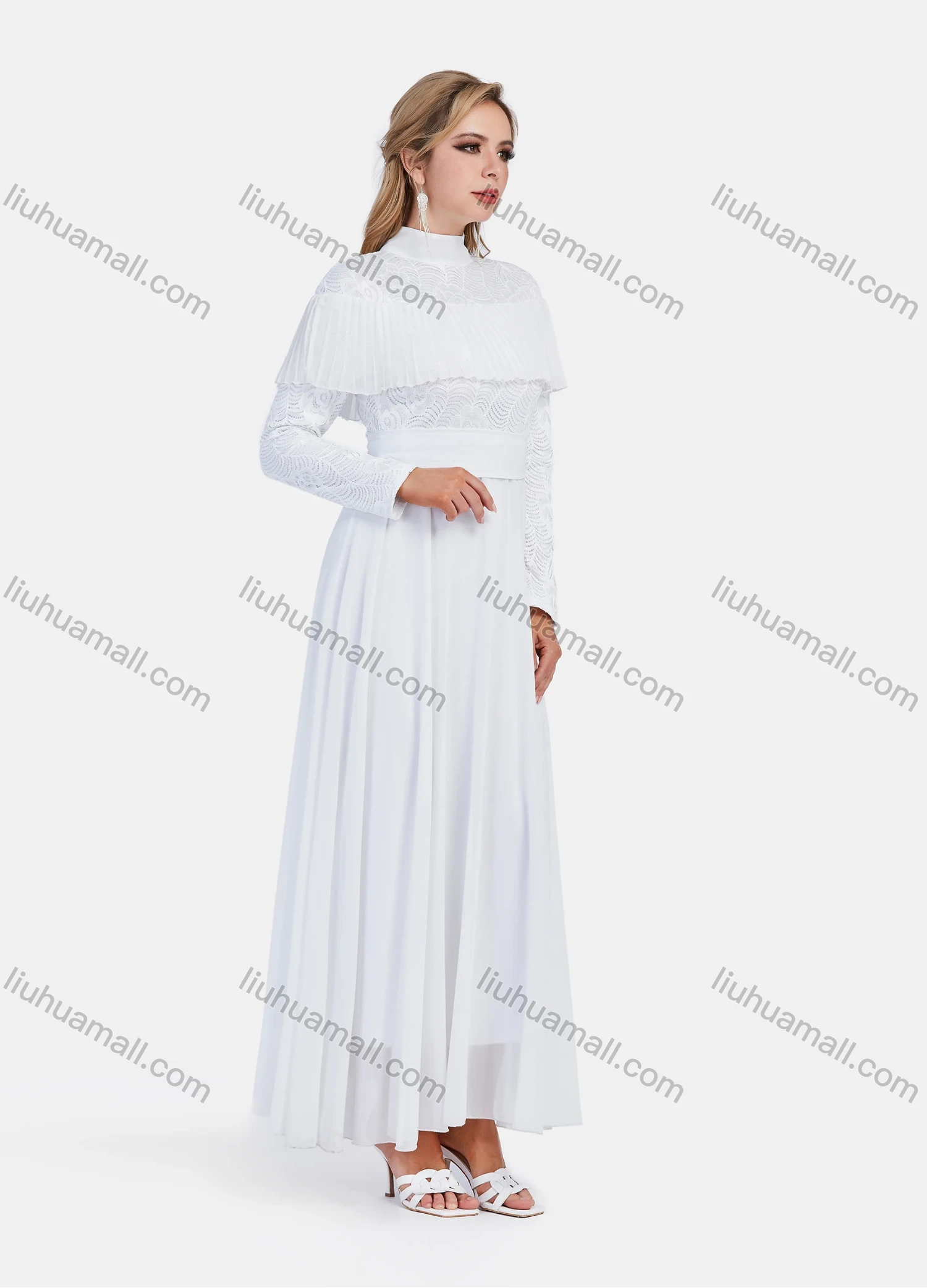 Wholesale Women's Elegant Chiffon High Neck A-Line Embroidery Cape Lace Hem Tie Back Dress - Liuhuamall