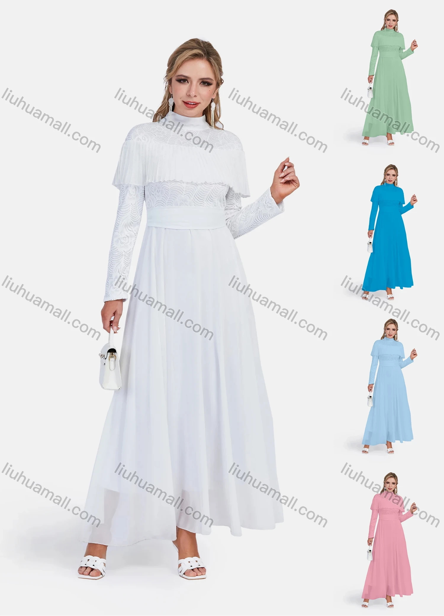 Wholesale Women's Elegant Chiffon High Neck A-Line Embroidery Cape Lace Hem Tie Back Dress - Liuhuamall