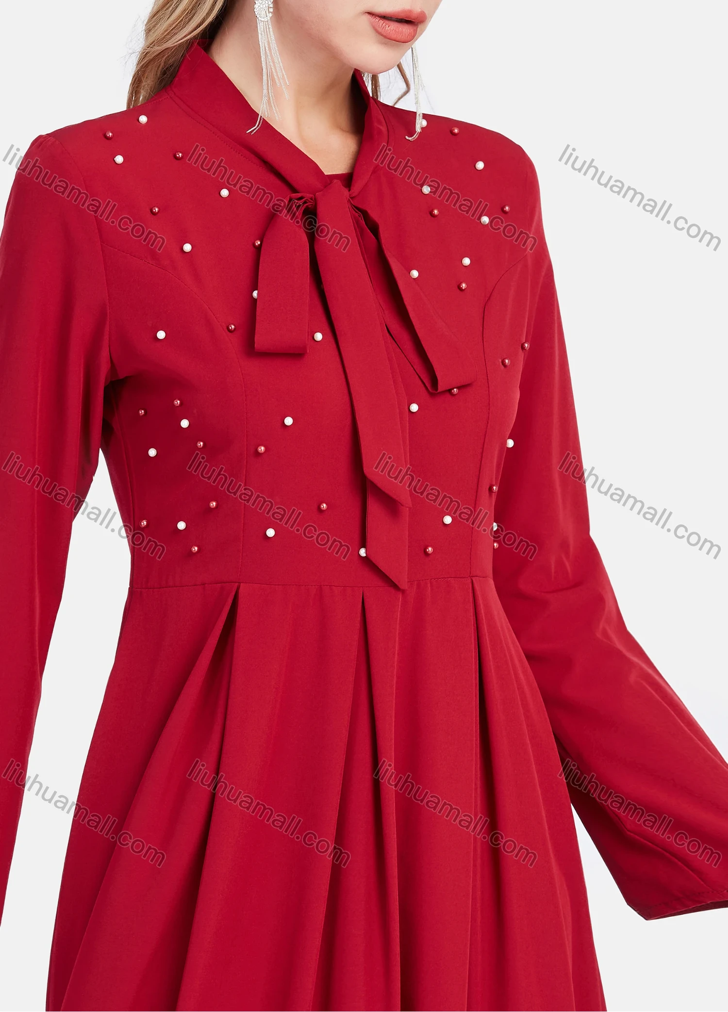 Wholesale Women's Elegant Tie Neck High Waist Pearl Decor Plain Maxi Dress - Liuhuamall