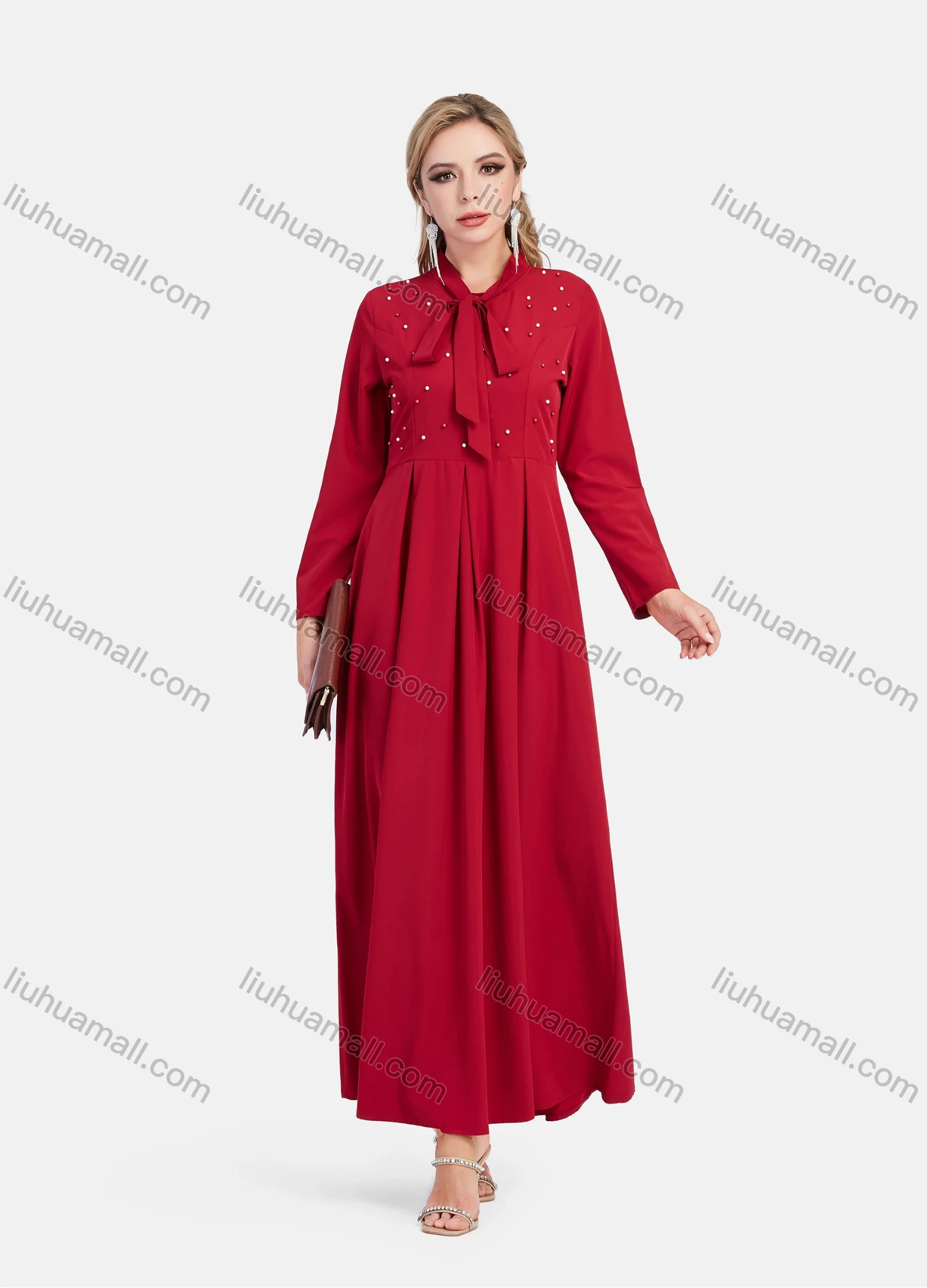 Wholesale Women's Elegant Tie Neck High Waist Pearl Decor Plain Maxi Dress - Liuhuamall