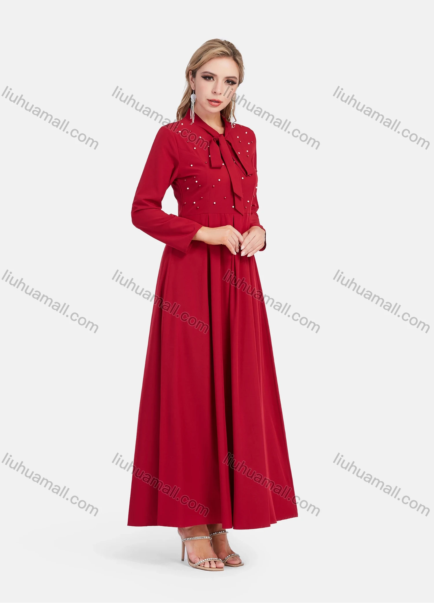 Wholesale Women's Elegant Tie Neck High Waist Pearl Decor Plain Maxi Dress - Liuhuamall