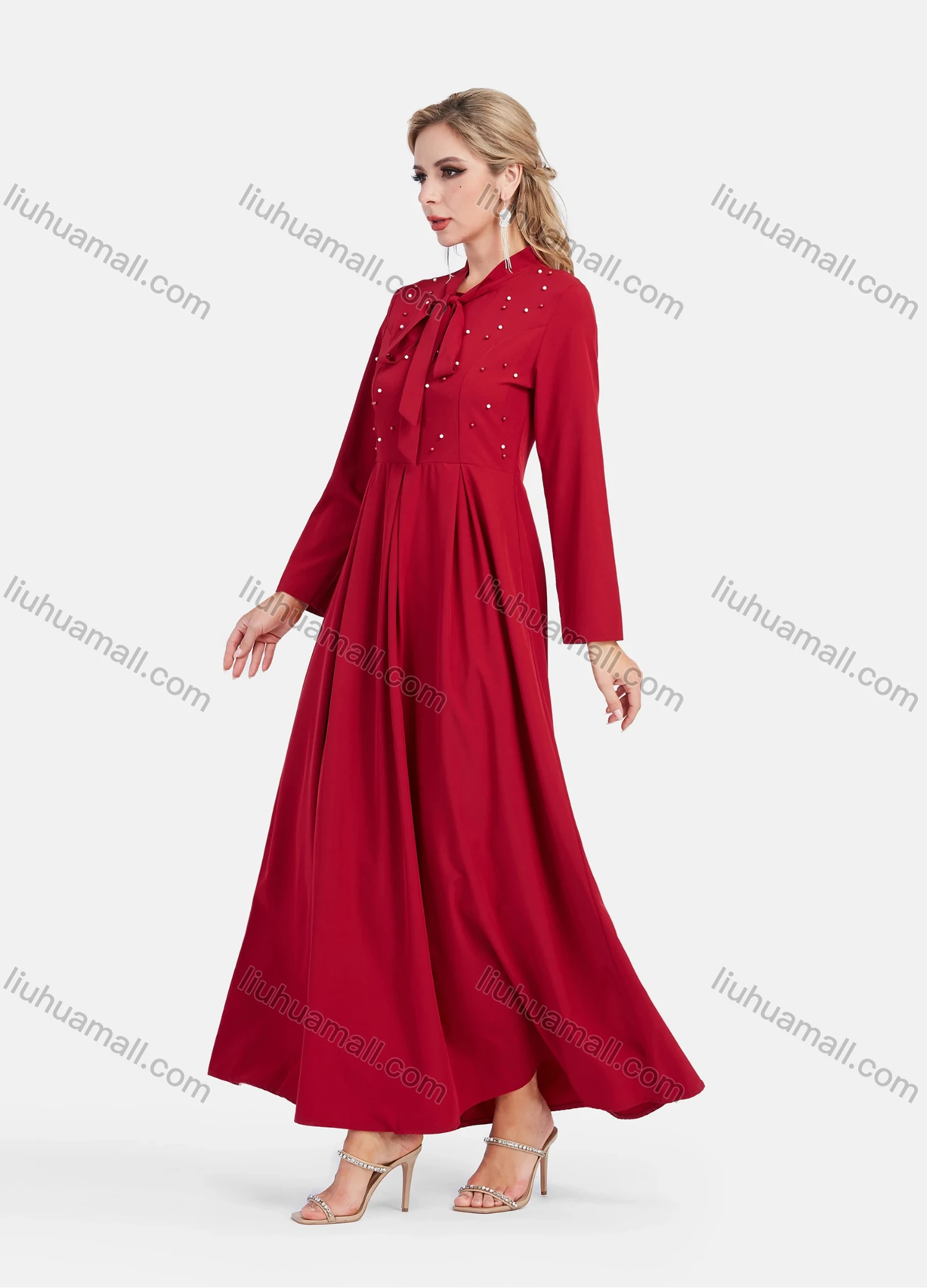 Wholesale Women's Elegant Tie Neck High Waist Pearl Decor Plain Maxi Dress - Liuhuamall