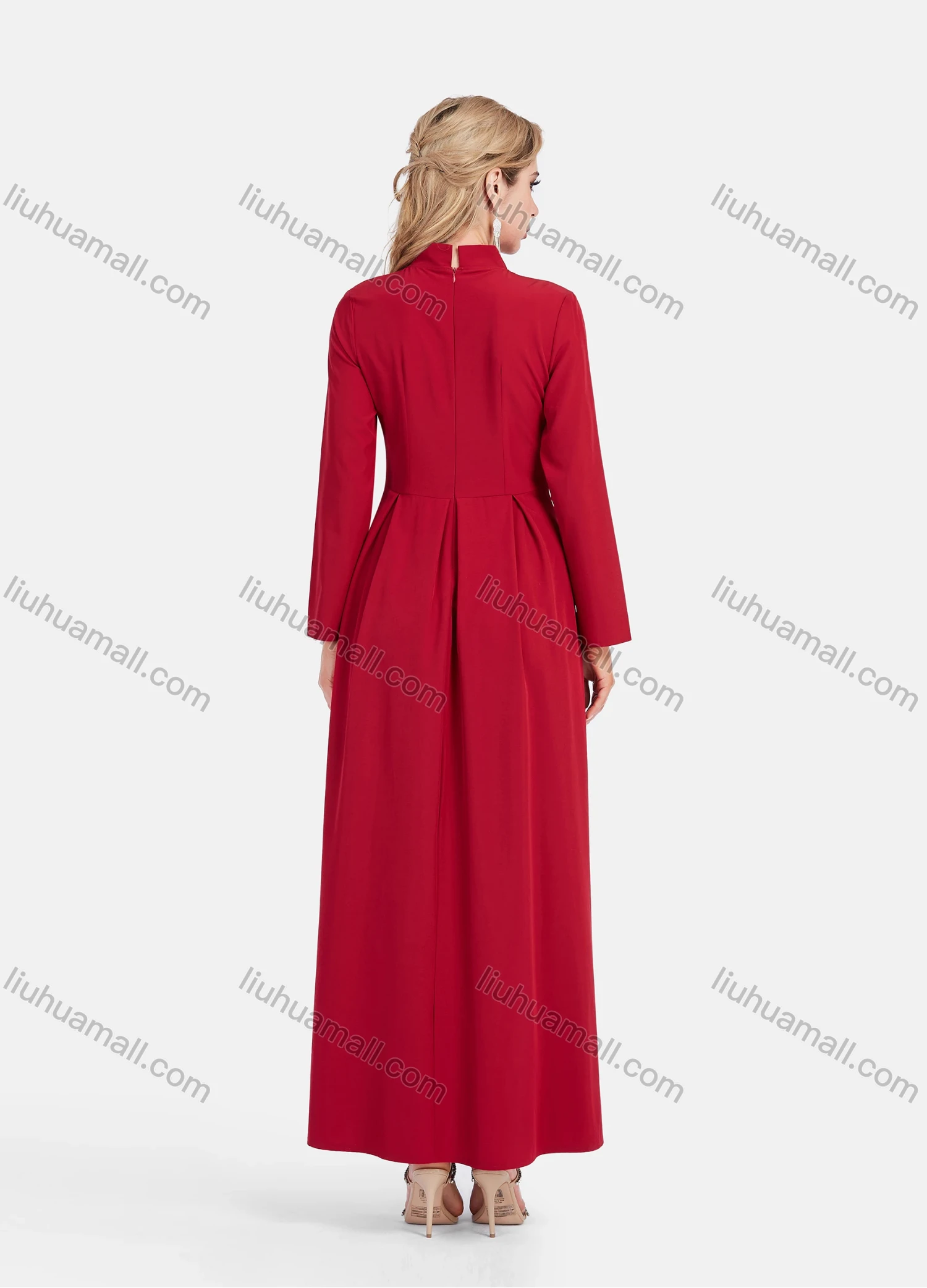 Wholesale Women's Elegant Tie Neck High Waist Pearl Decor Plain Maxi Dress - Liuhuamall