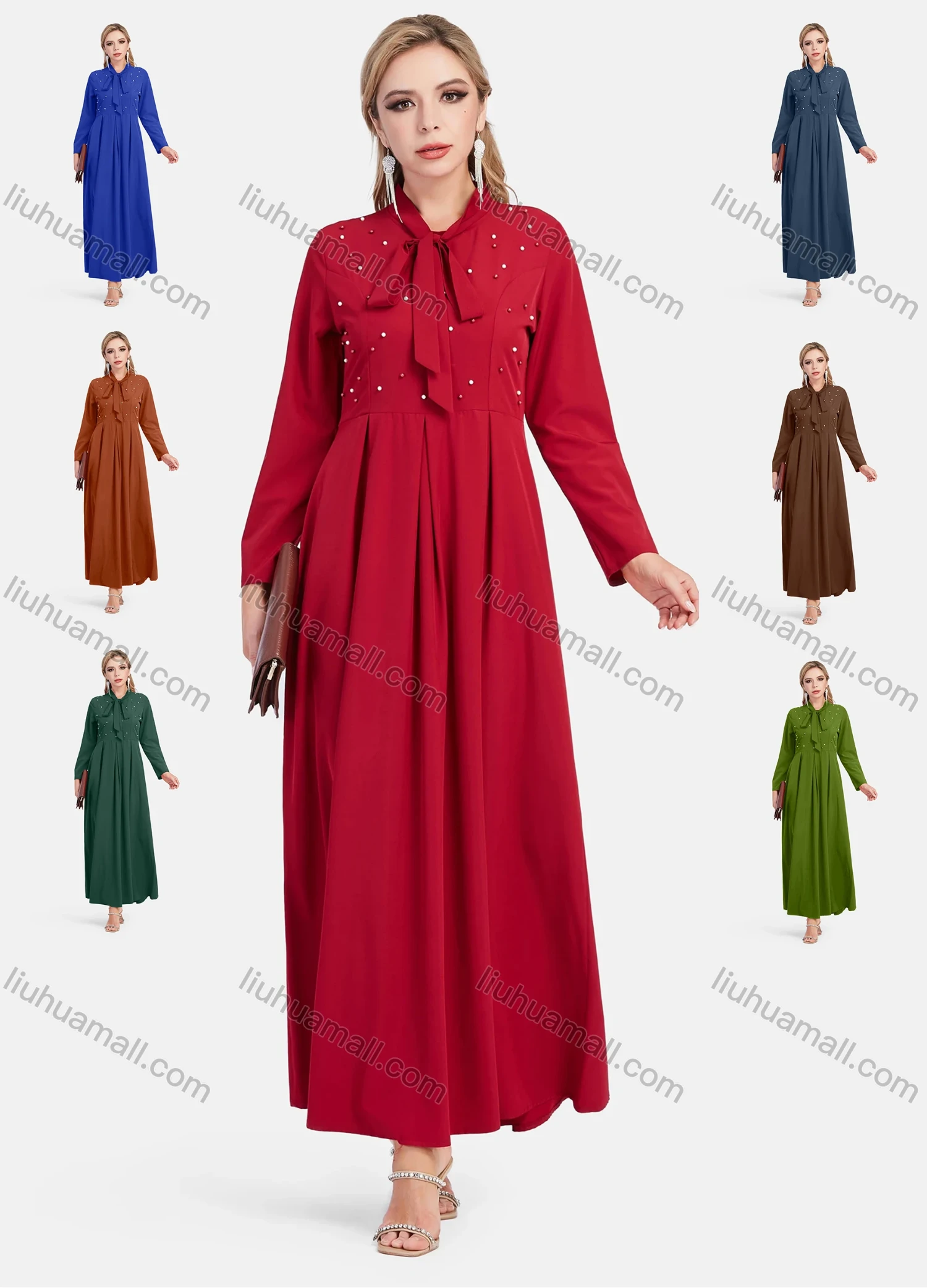 Wholesale Women's Elegant Tie Neck High Waist Pearl Decor Plain Maxi Dress - Liuhuamall