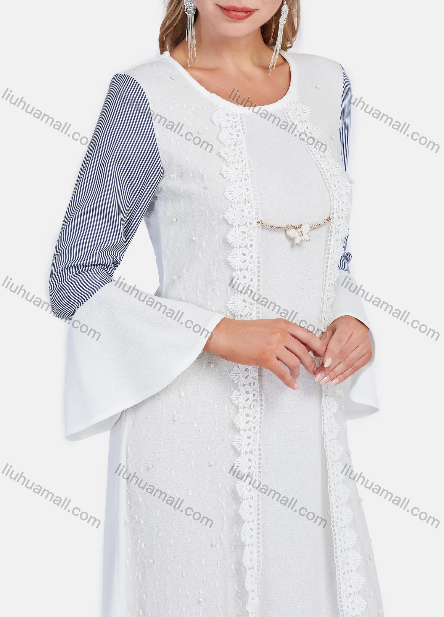 Wholesale Women's Elegant Crew Neck Bell Sleeve Striped Splicing Embroidery Lace Maxi Dress - Liuhuamall