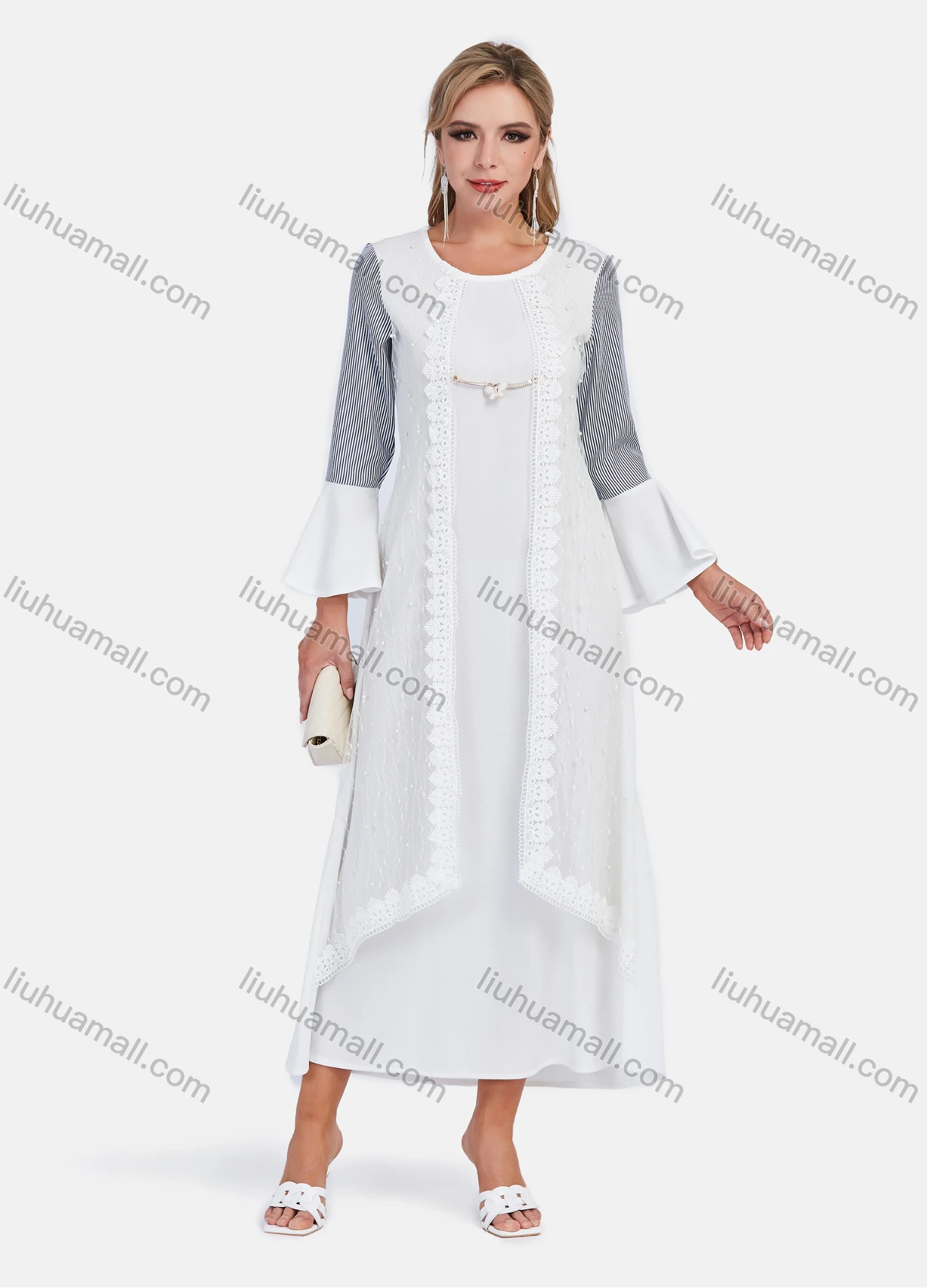 Wholesale Women's Elegant Crew Neck Bell Sleeve Striped Splicing Embroidery Lace Maxi Dress - Liuhuamall