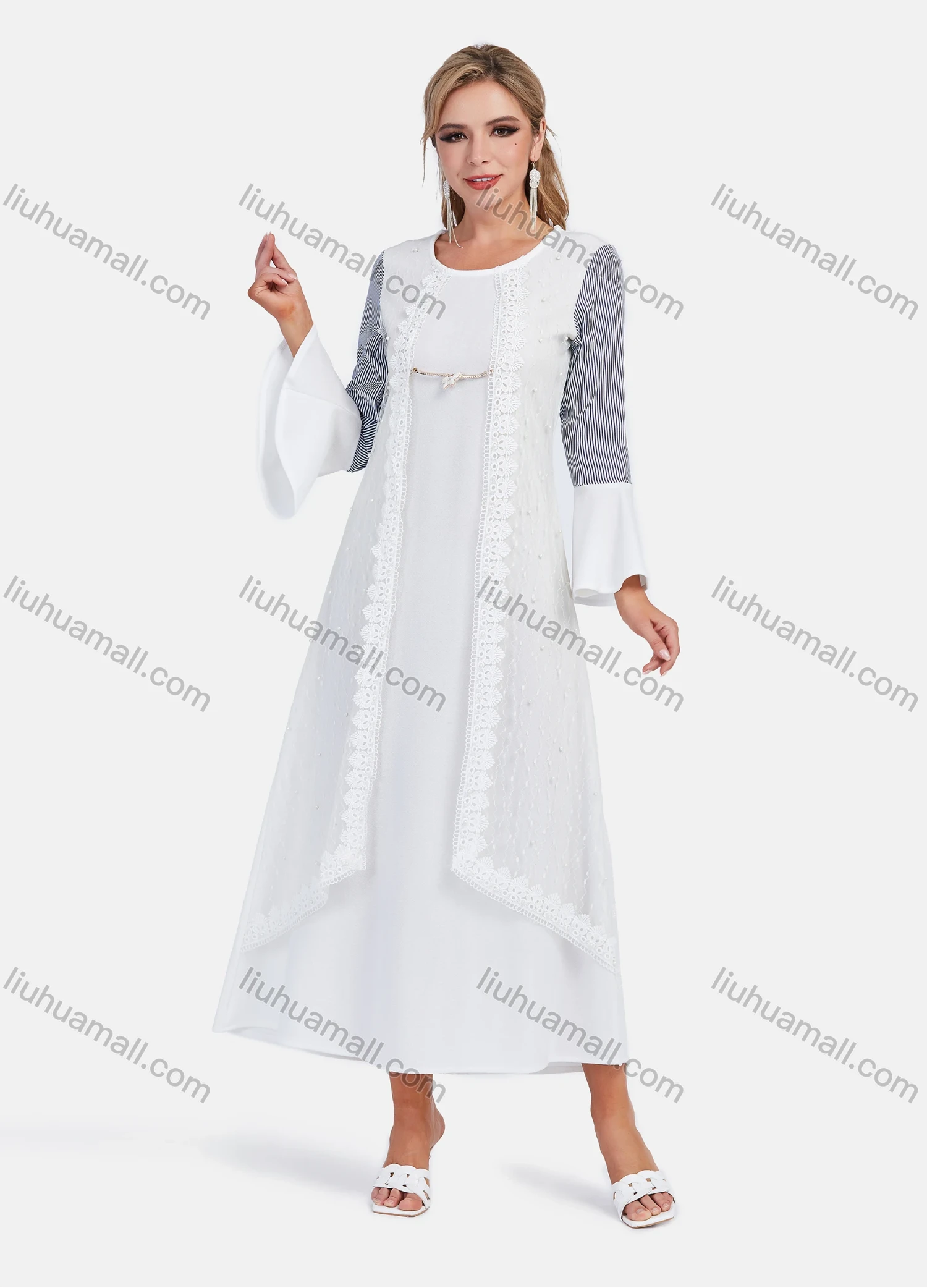 Wholesale Women's Elegant Crew Neck Bell Sleeve Striped Splicing Embroidery Lace Maxi Dress - Liuhuamall