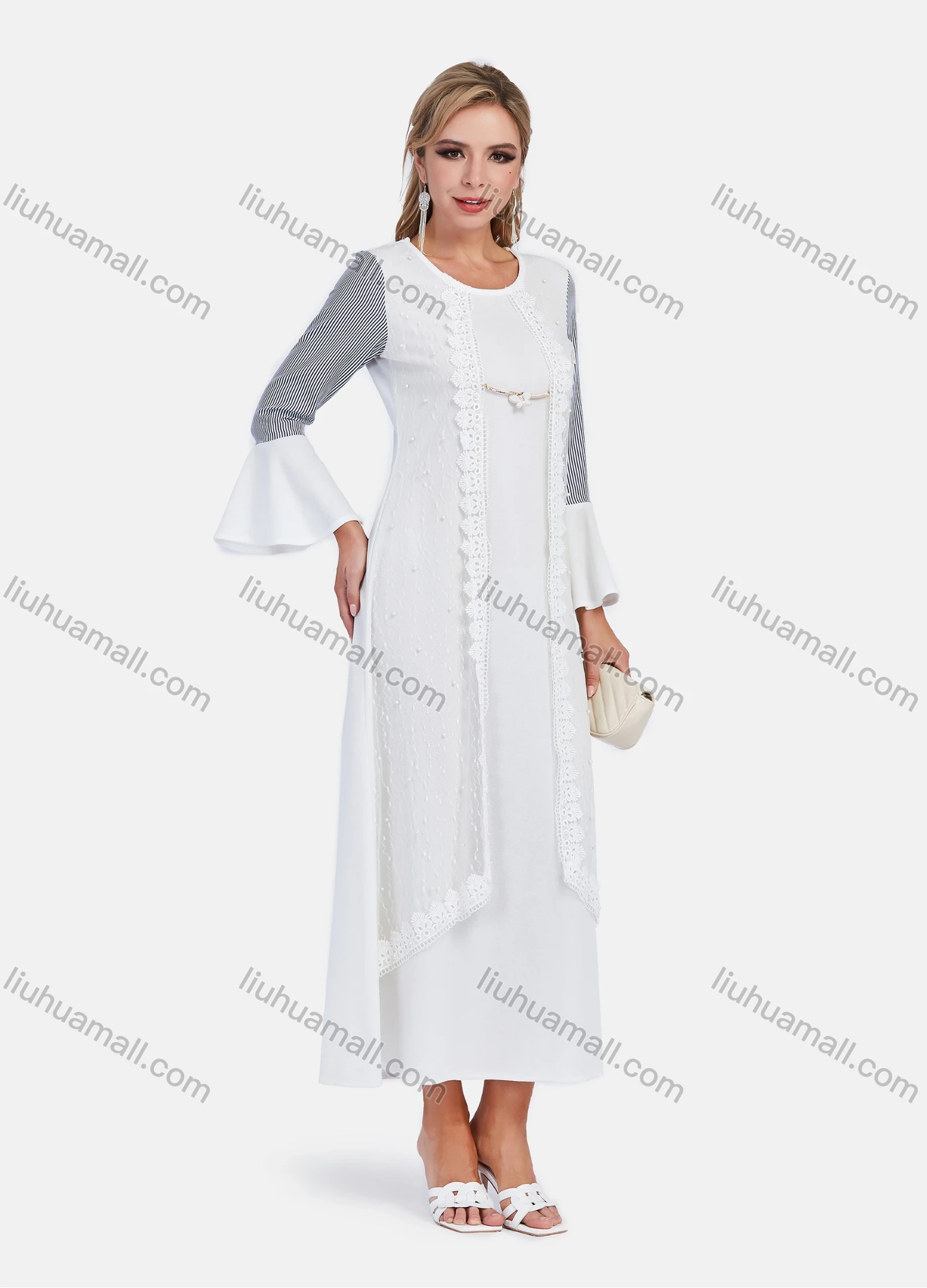 Wholesale Women's Elegant Crew Neck Bell Sleeve Striped Splicing Embroidery Lace Maxi Dress - Liuhuamall