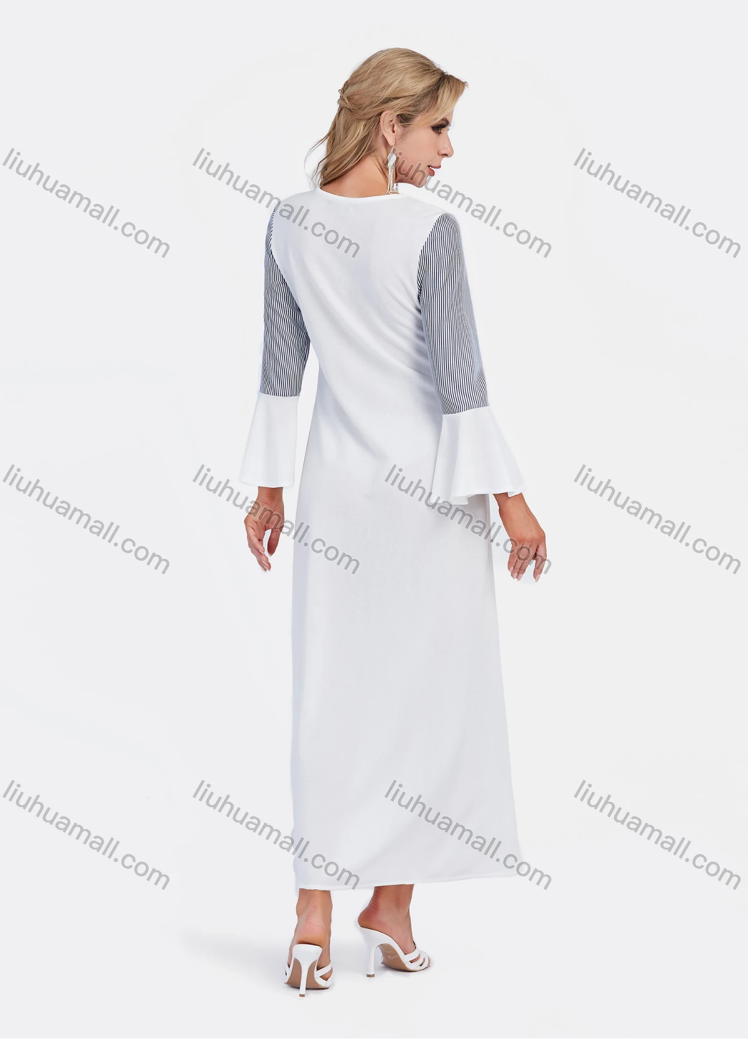 Wholesale Women's Elegant Crew Neck Bell Sleeve Striped Splicing Embroidery Lace Maxi Dress - Liuhuamall