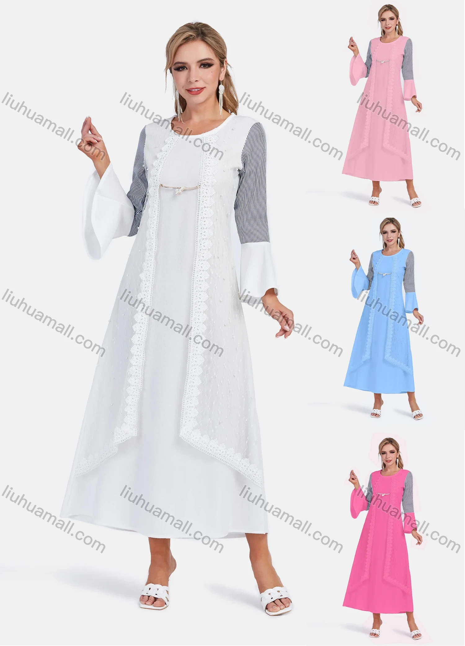 Wholesale Women's Elegant Crew Neck Bell Sleeve Striped Splicing Embroidery Lace Maxi Dress - Liuhuamall