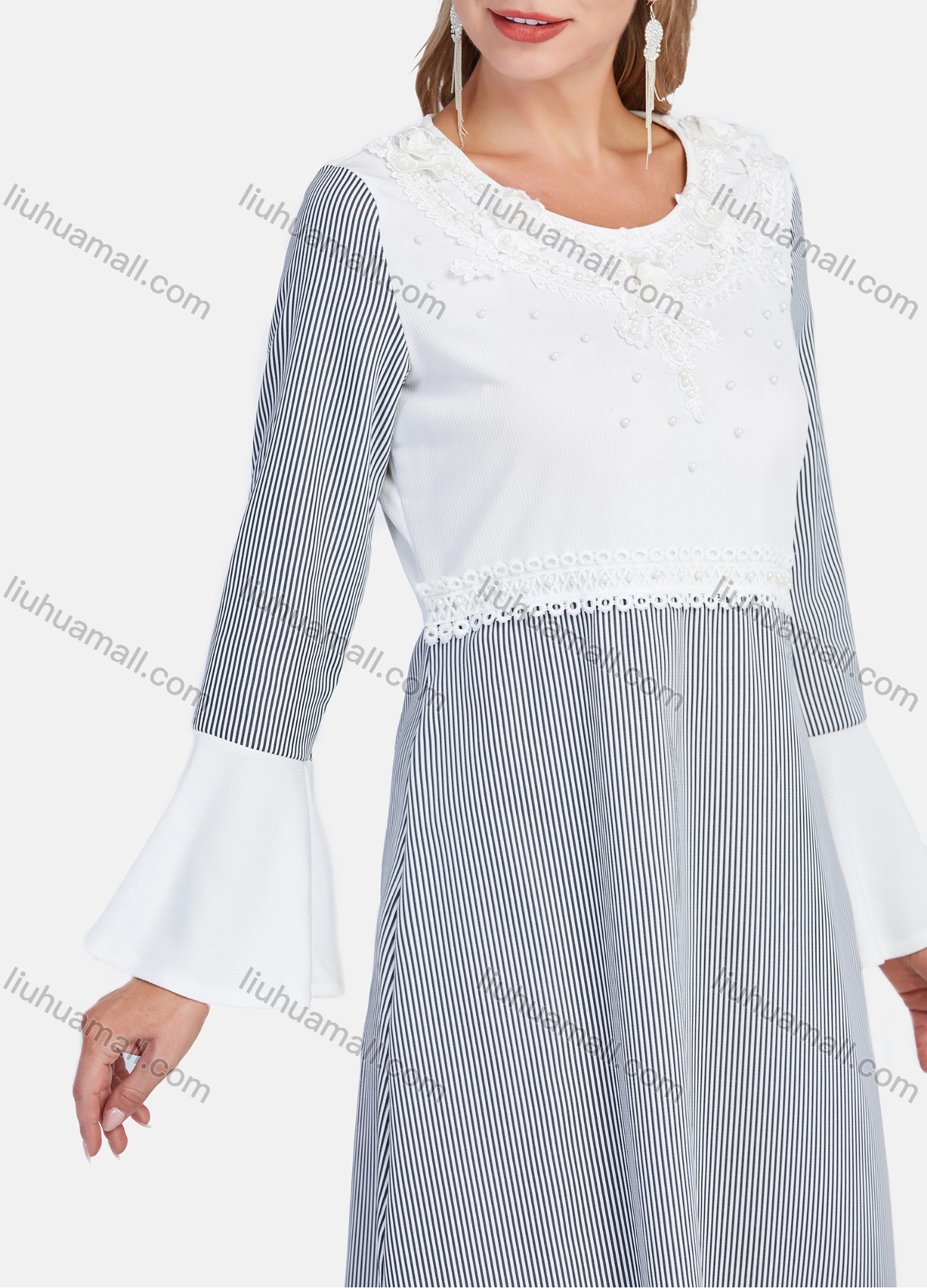 Wholesale Women's High Waist Beauty Ball Decor Embroidery Lace Bell Sleeve Striped Splicing Maxi Dress - Liuhuamall