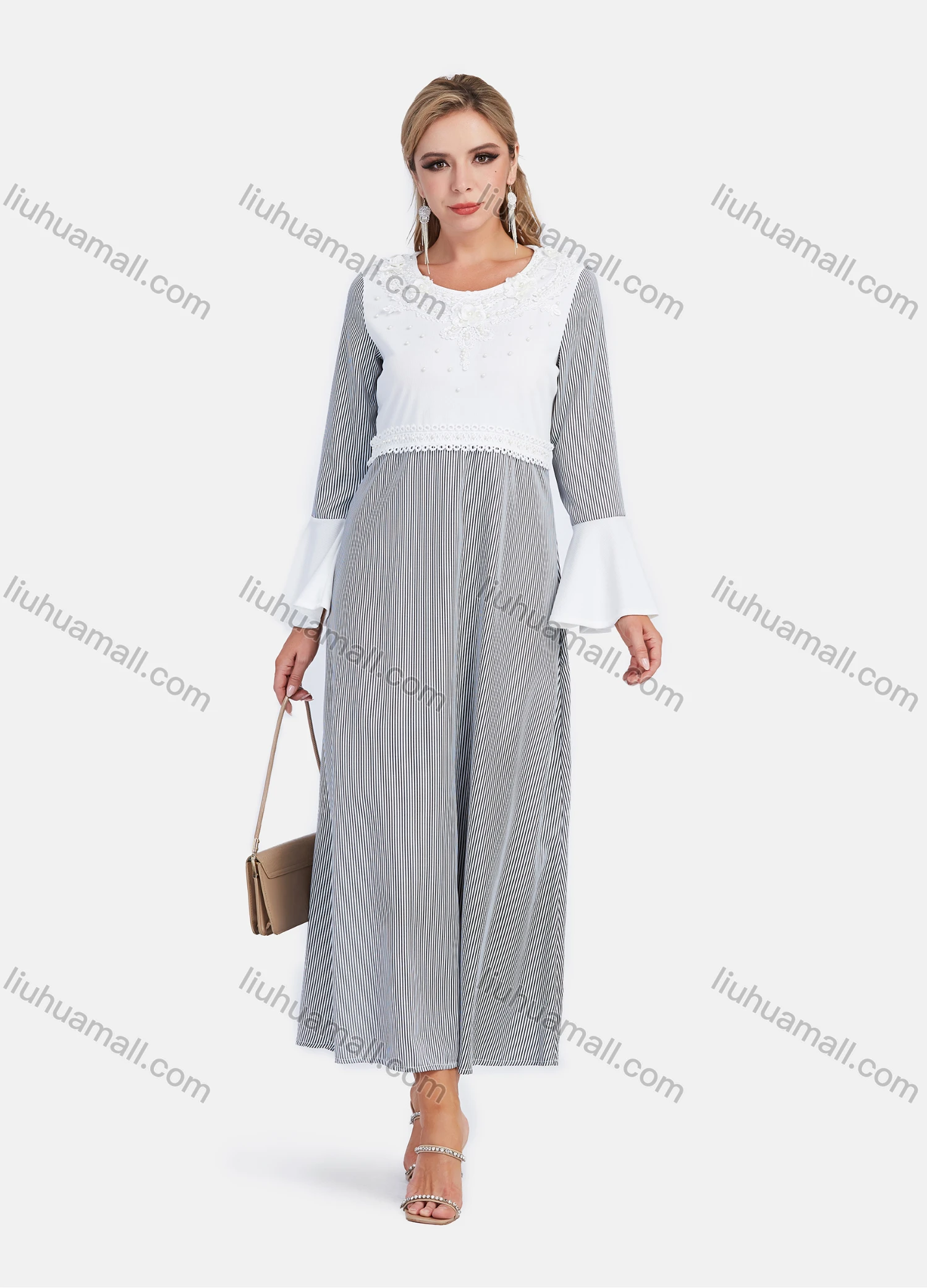 Wholesale Women's High Waist Beauty Ball Decor Embroidery Lace Bell Sleeve Striped Splicing Maxi Dress - Liuhuamall