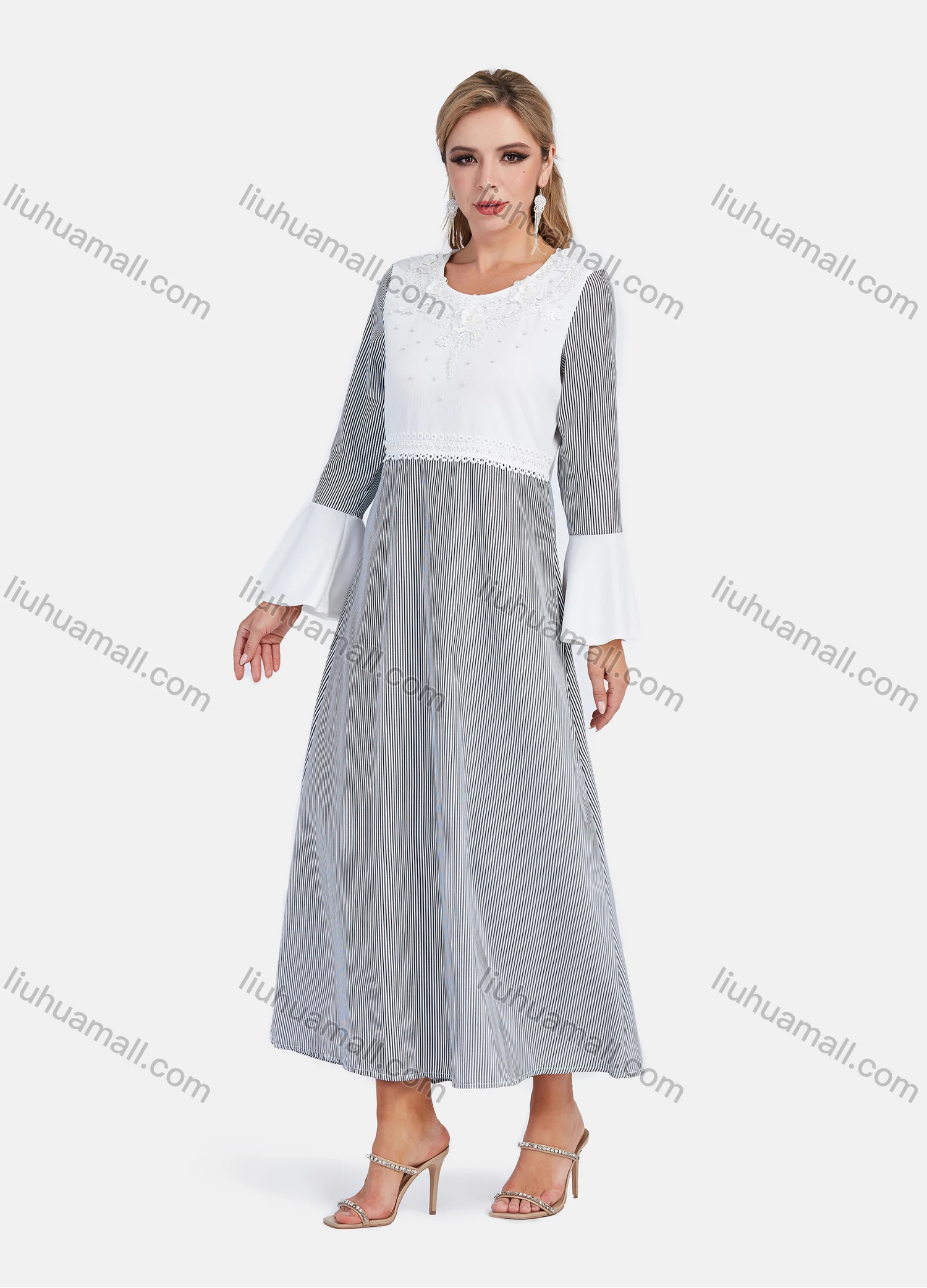 Wholesale Women's High Waist Beauty Ball Decor Embroidery Lace Bell Sleeve Striped Splicing Maxi Dress - Liuhuamall