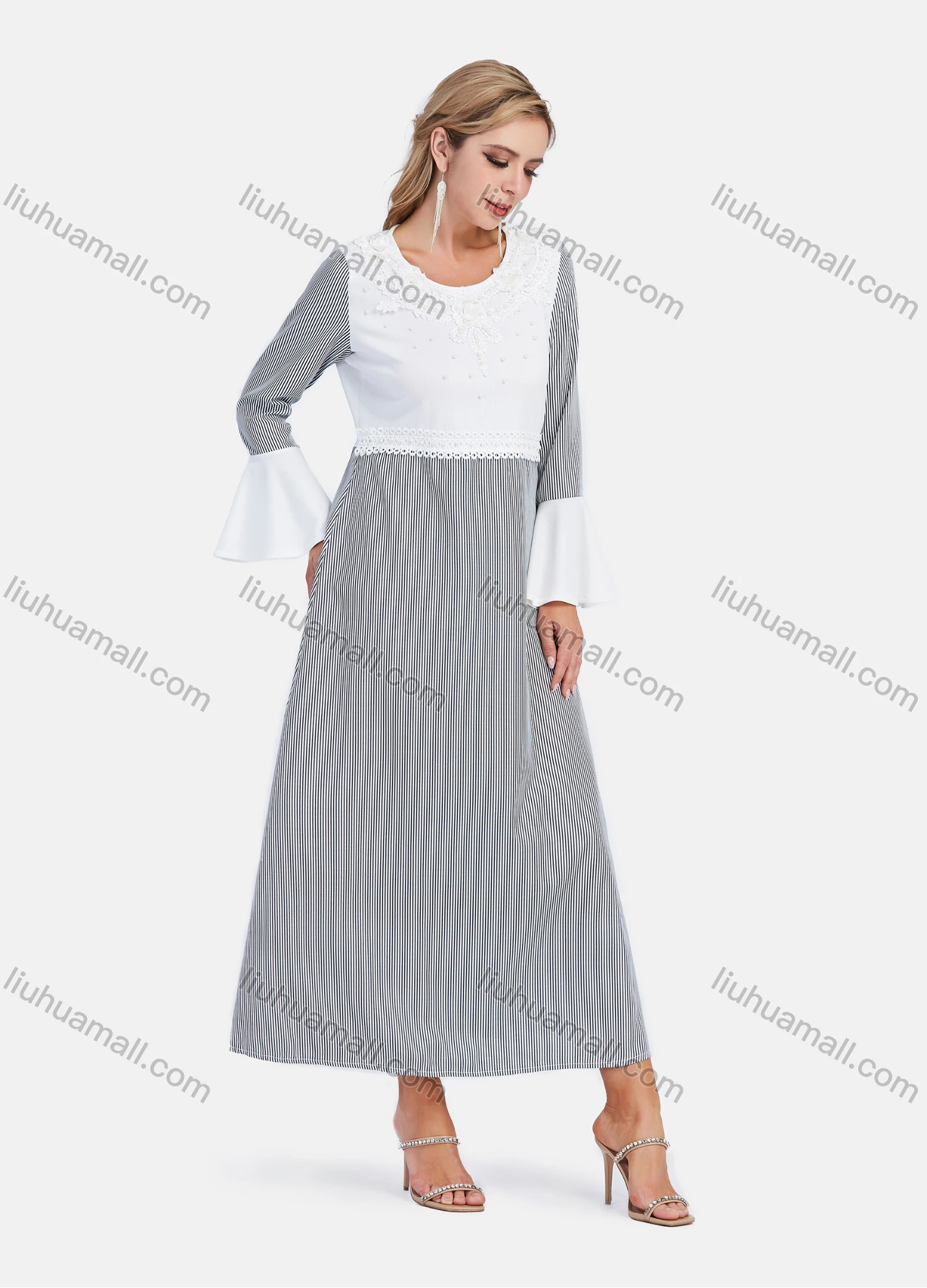 Wholesale Women's High Waist Beauty Ball Decor Embroidery Lace Bell Sleeve Striped Splicing Maxi Dress - Liuhuamall