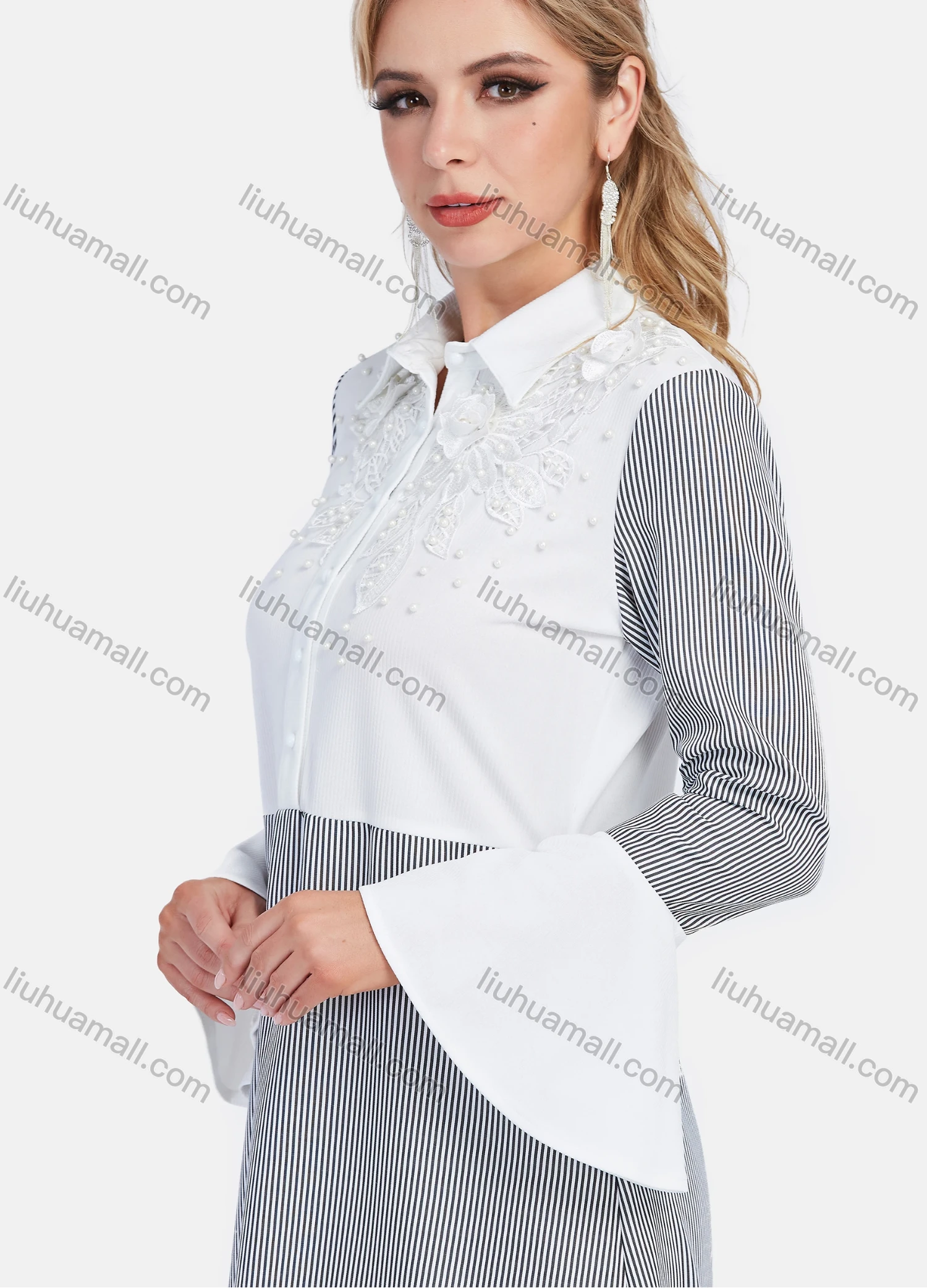 Wholesale Women's Elegant Striped Splicing Collared Bell Sleeve Button Down Pearl Decor Floral Maxi Shirt Dress - Liuhuamall