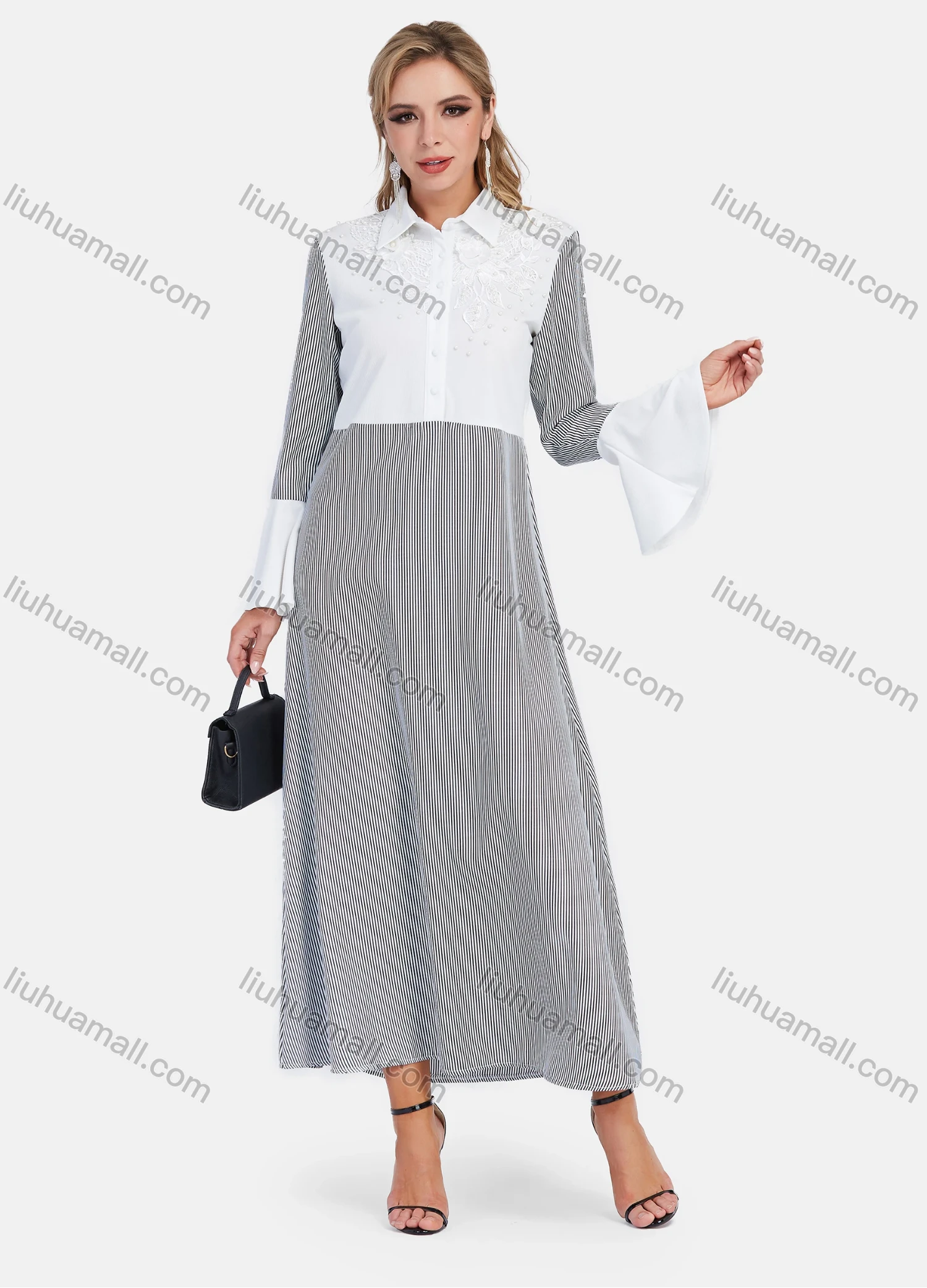 Wholesale Women's Elegant Striped Splicing Collared Bell Sleeve Button Down Pearl Decor Floral Maxi Shirt Dress - Liuhuamall