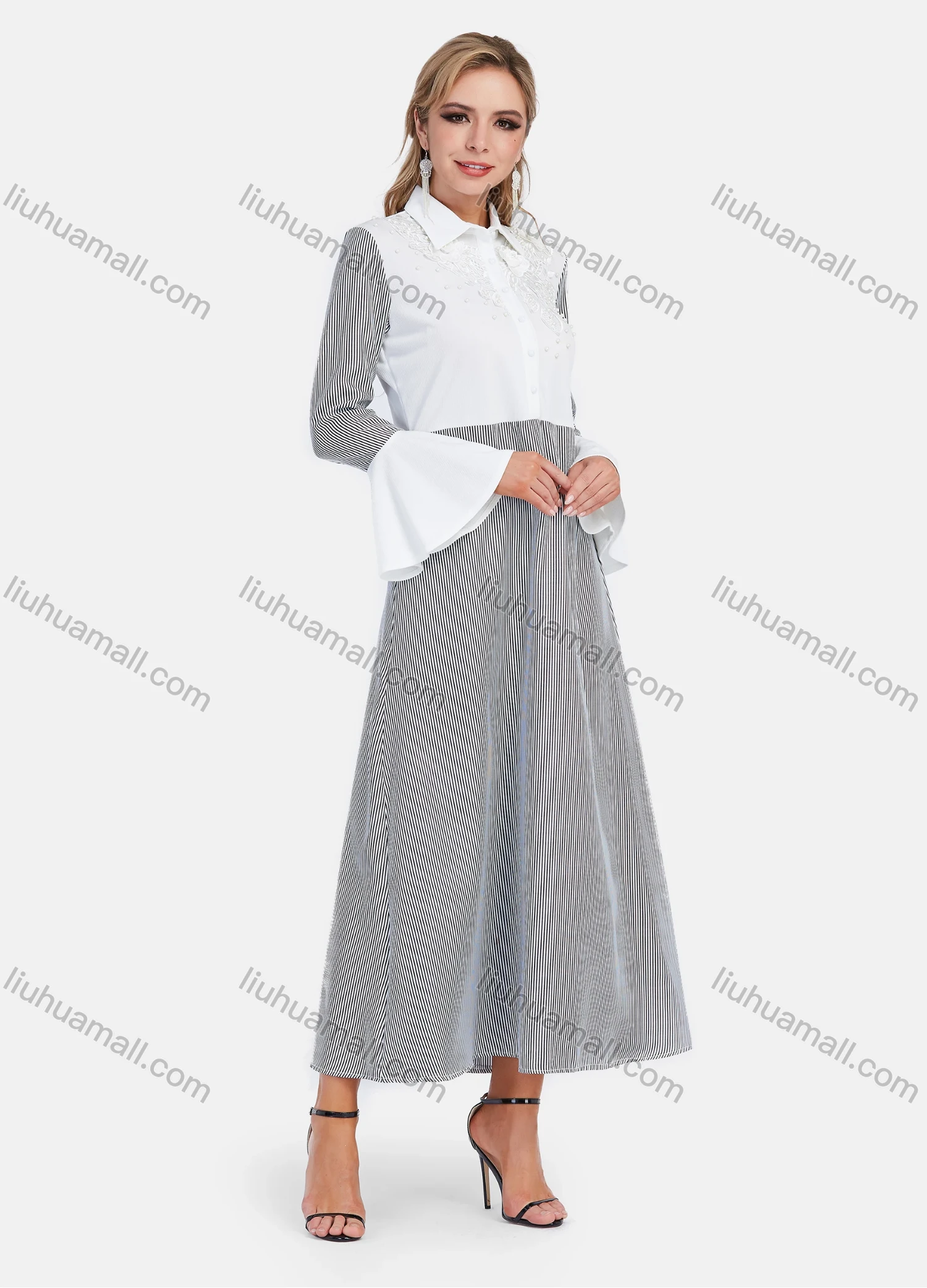 Wholesale Women's Elegant Striped Splicing Collared Bell Sleeve Button Down Pearl Decor Floral Maxi Shirt Dress - Liuhuamall