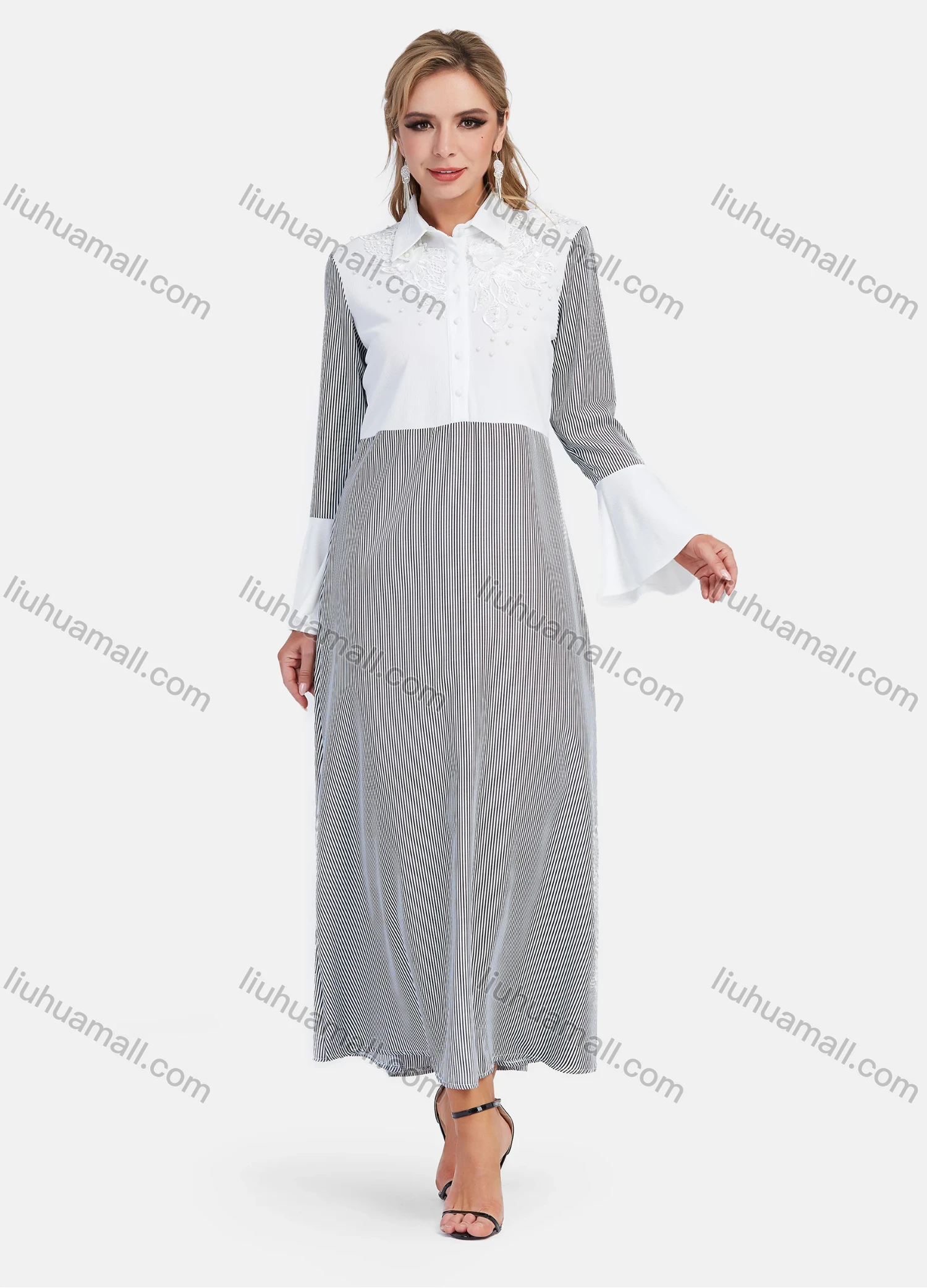Wholesale Women's Elegant Striped Splicing Collared Bell Sleeve Button Down Pearl Decor Floral Maxi Shirt Dress - Liuhuamall