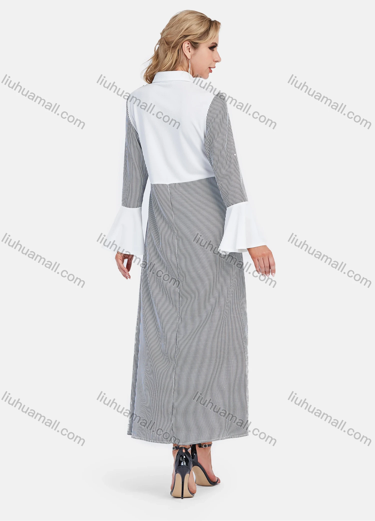 Wholesale Women's Elegant Striped Splicing Collared Bell Sleeve Button Down Pearl Decor Floral Maxi Shirt Dress - Liuhuamall