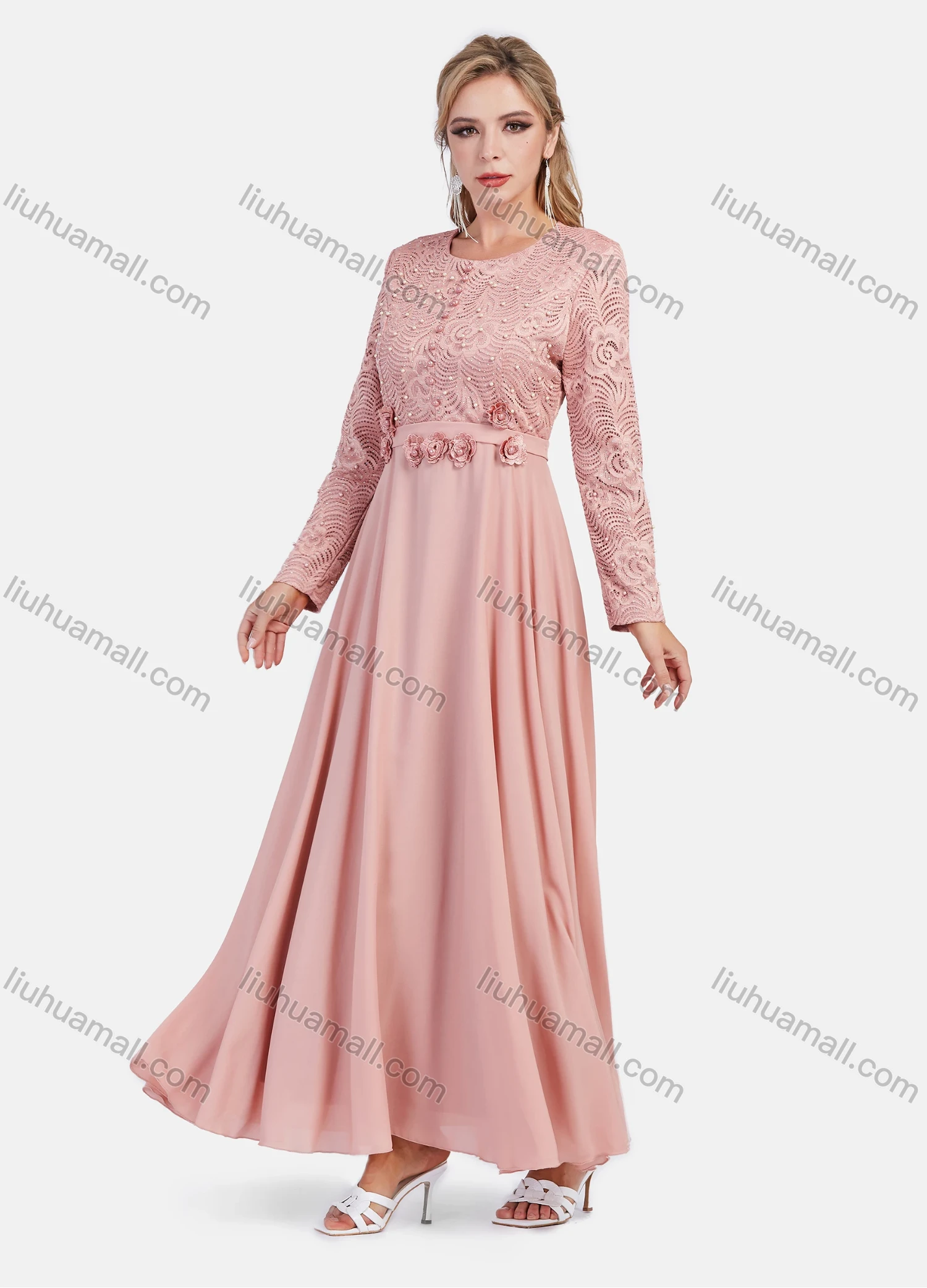 Wholesale Women's Elegant High Waist A-Line Embroidery Floral Pearl Decor Maxi Dress - Liuhuamall