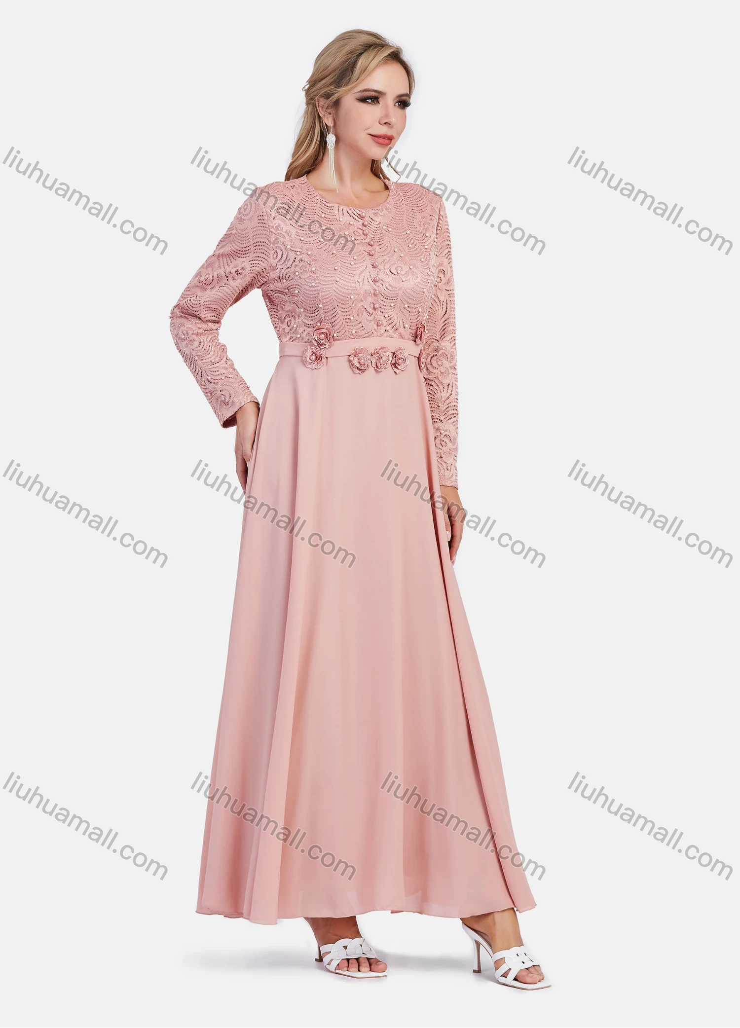 Wholesale Women's Elegant High Waist A-Line Embroidery Floral Pearl Decor Maxi Dress - Liuhuamall
