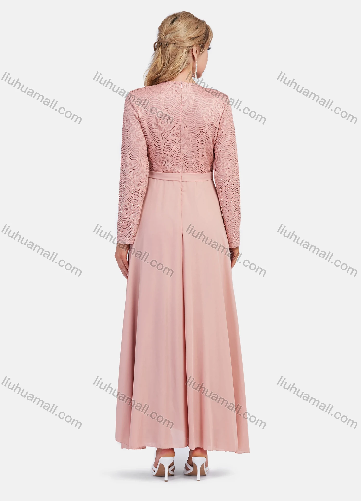 Wholesale Women's Elegant High Waist A-Line Embroidery Floral Pearl Decor Maxi Dress - Liuhuamall