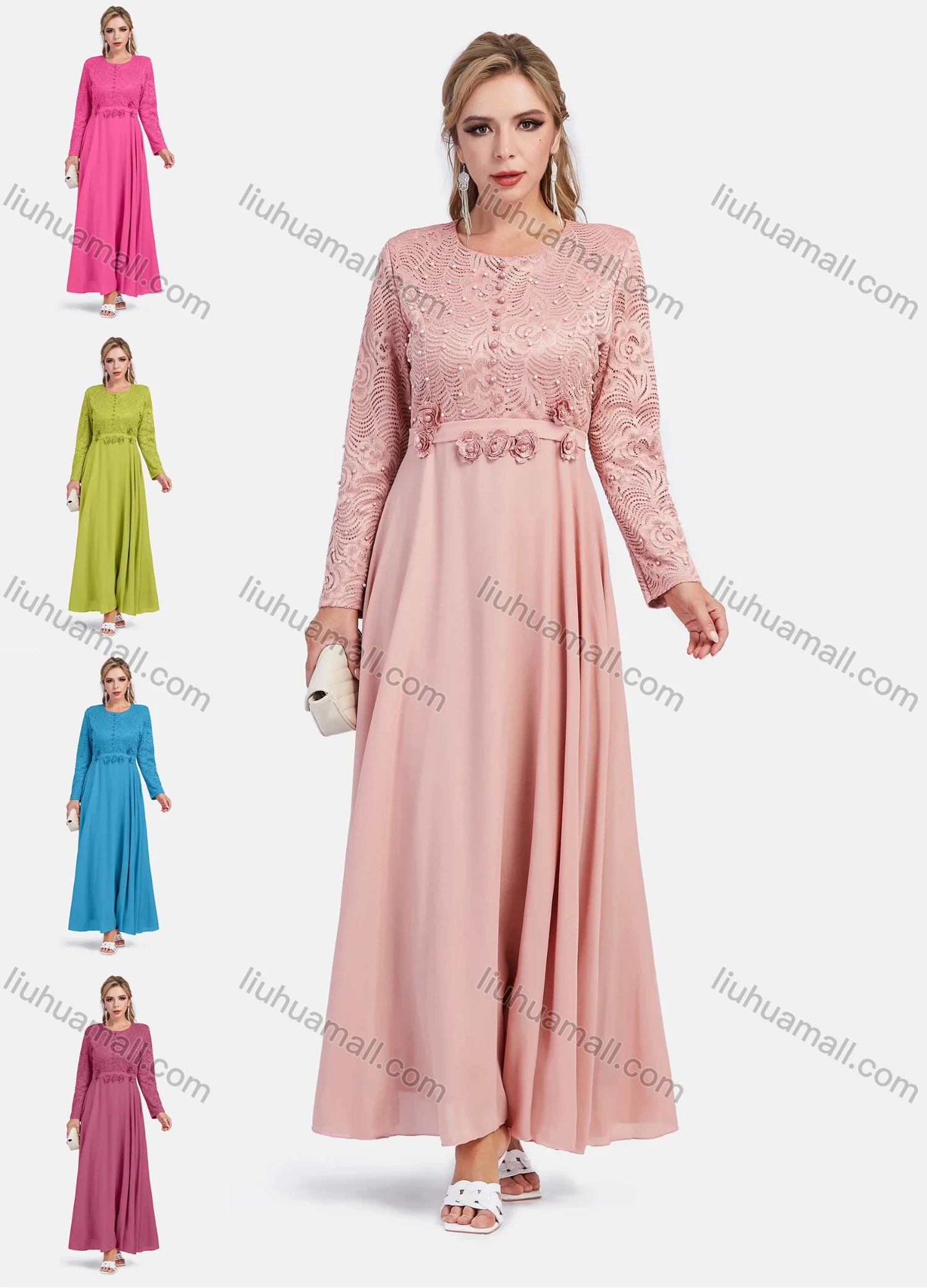 Wholesale Women's Elegant High Waist A-Line Embroidery Floral Pearl Decor Maxi Dress - Liuhuamall