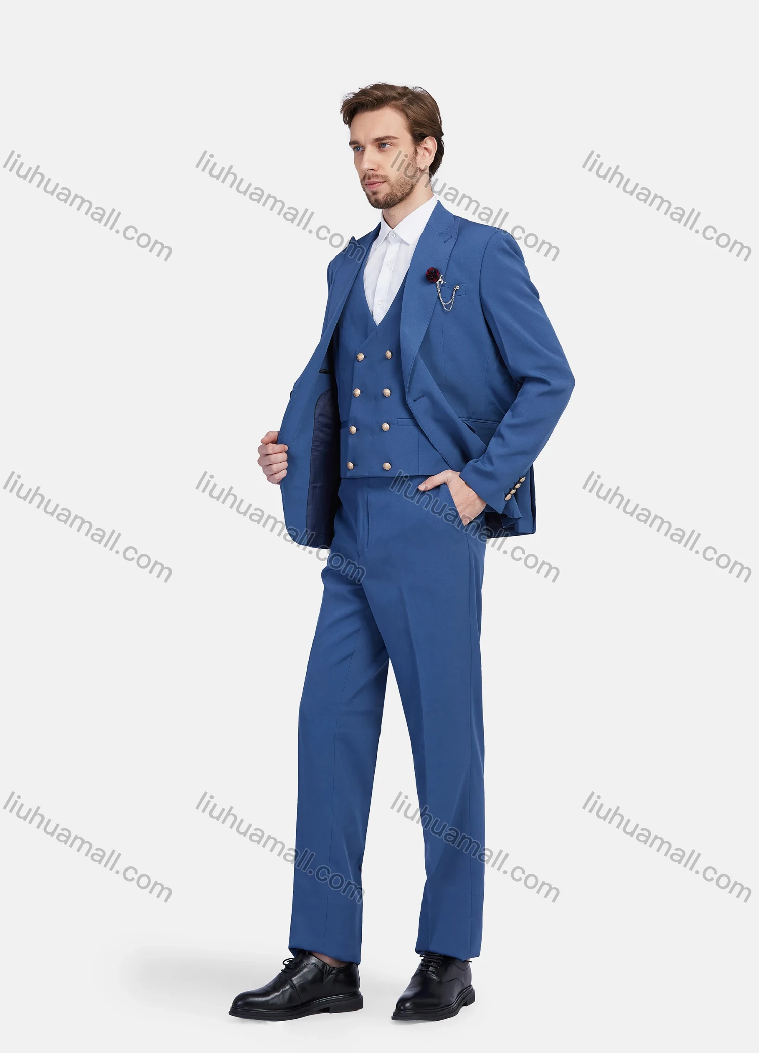 Wholesale Men's Business Lapel One Button Plain Suit Jacket With Waistcoat 3 Piece Set - Liuhuamall