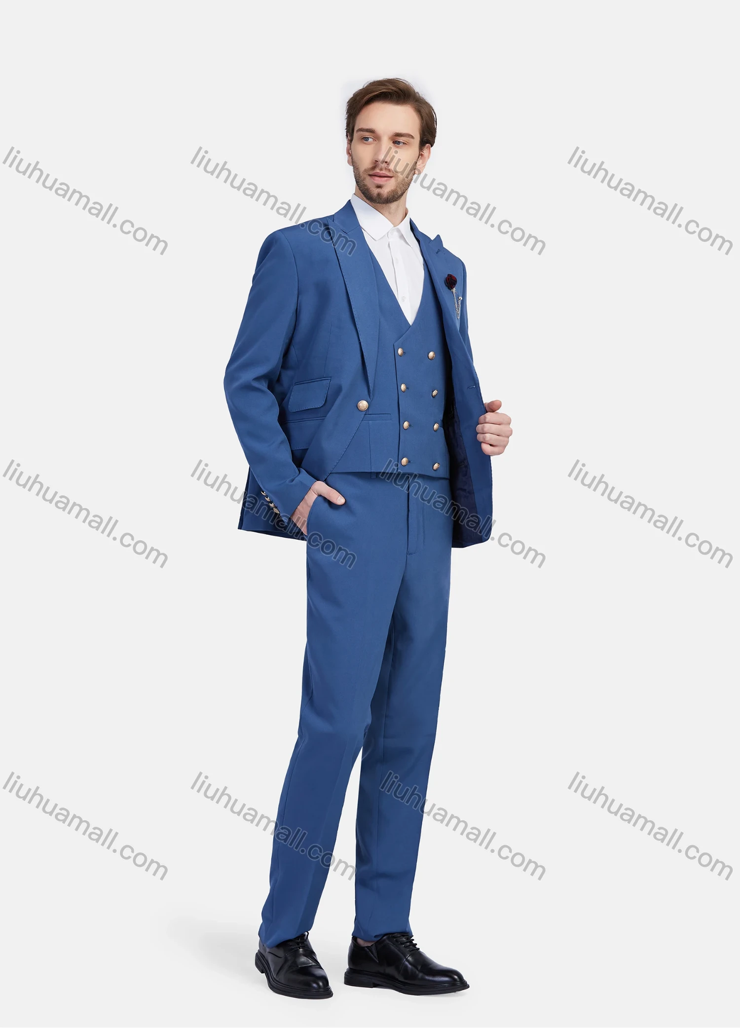 Wholesale Men's Business Lapel One Button Plain Suit Jacket With Waistcoat 3 Piece Set - Liuhuamall