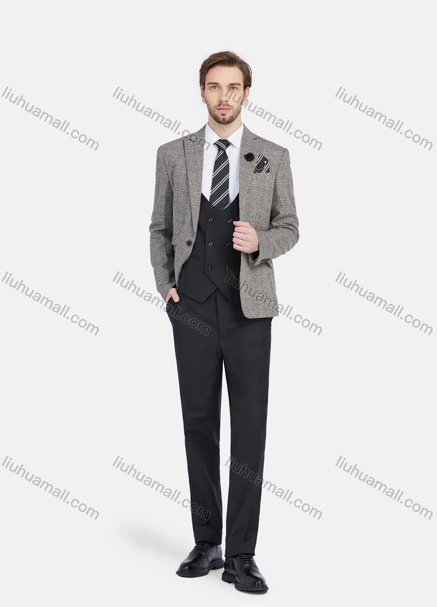 Wholesale Men's Business Lapel One Button Plaid Basics Blazer With Waistcoat 3 Piece Suit Set - Liuhuamall