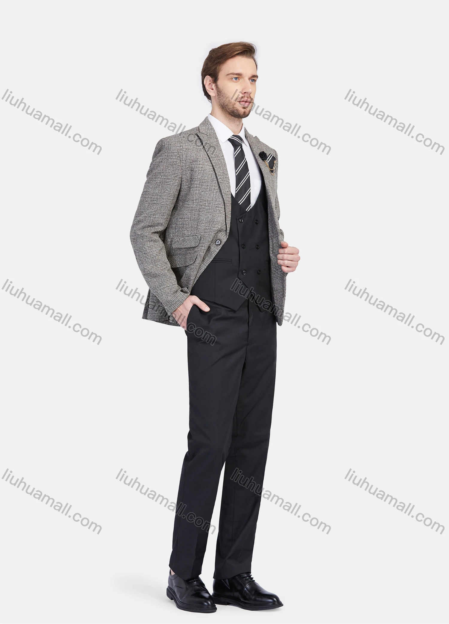Wholesale Men's Business Lapel One Button Plaid Basics Blazer With Waistcoat 3 Piece Suit Set - Liuhuamall