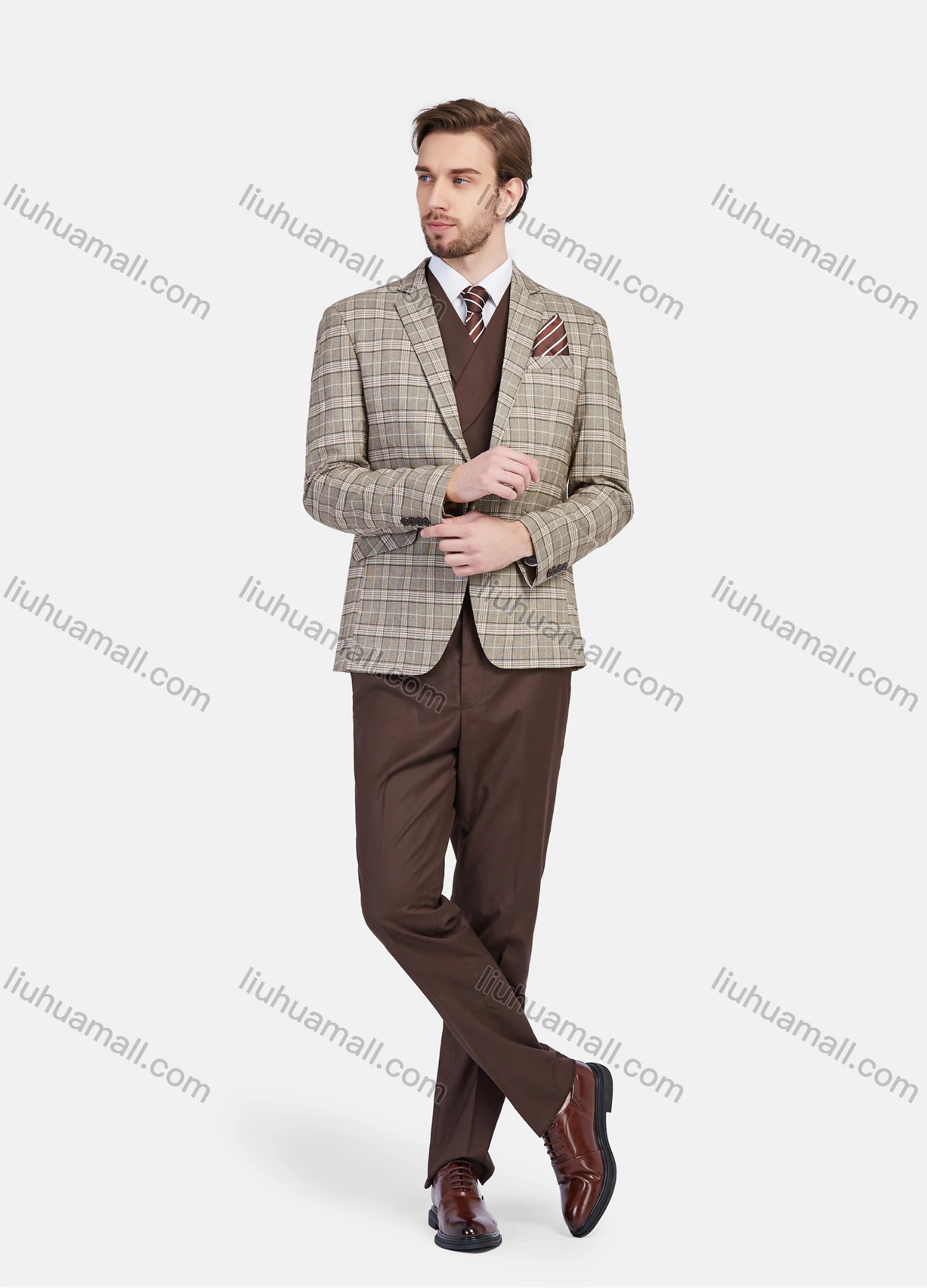 Wholesale Men's Business Lapel One Button Plaid Blazer Jakcet With Waistcoat 3 Piece Suit Set - Liuhuamall