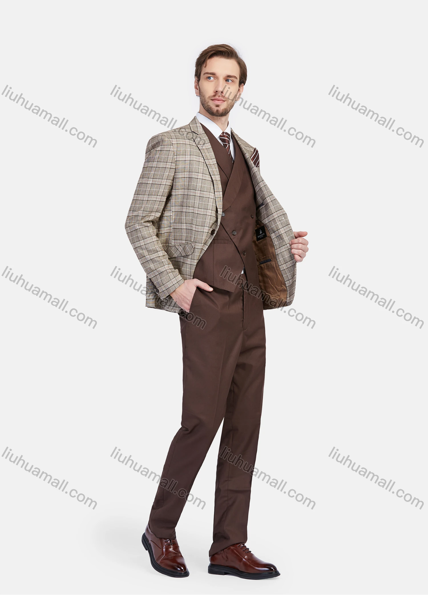 Wholesale Men's Business Lapel One Button Plaid Blazer Jakcet With Waistcoat 3 Piece Suit Set - Liuhuamall