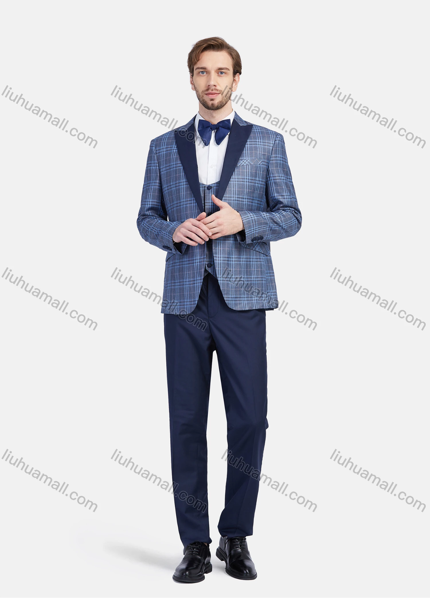 Wholesale Men's Business Lapel One Button Plaid Print Wedding Suit Jacket With Waistcoat 3 Piece Set - Liuhuamall