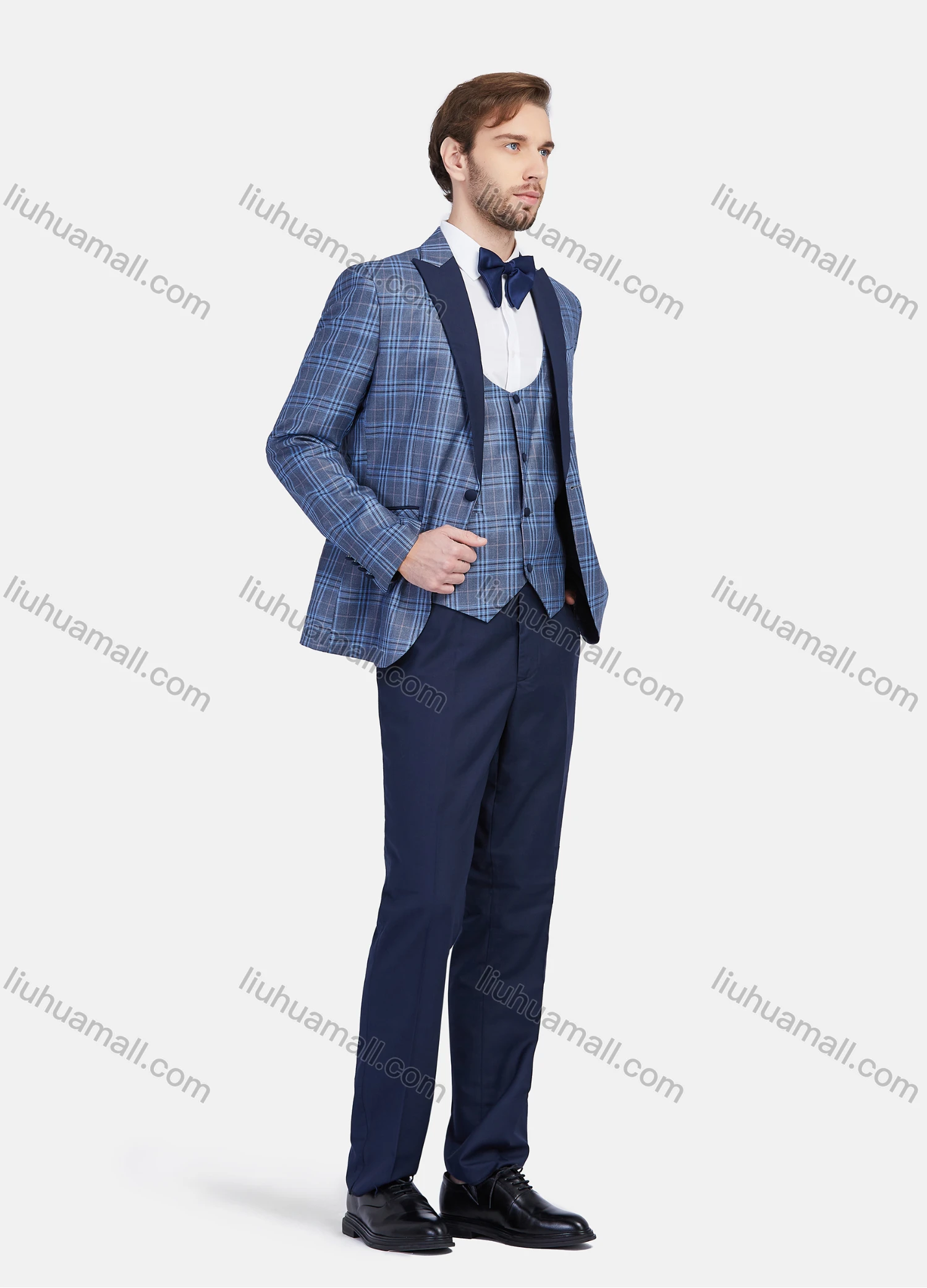 Wholesale Men's Business Lapel One Button Plaid Print Wedding Suit Jacket With Waistcoat 3 Piece Set - Liuhuamall