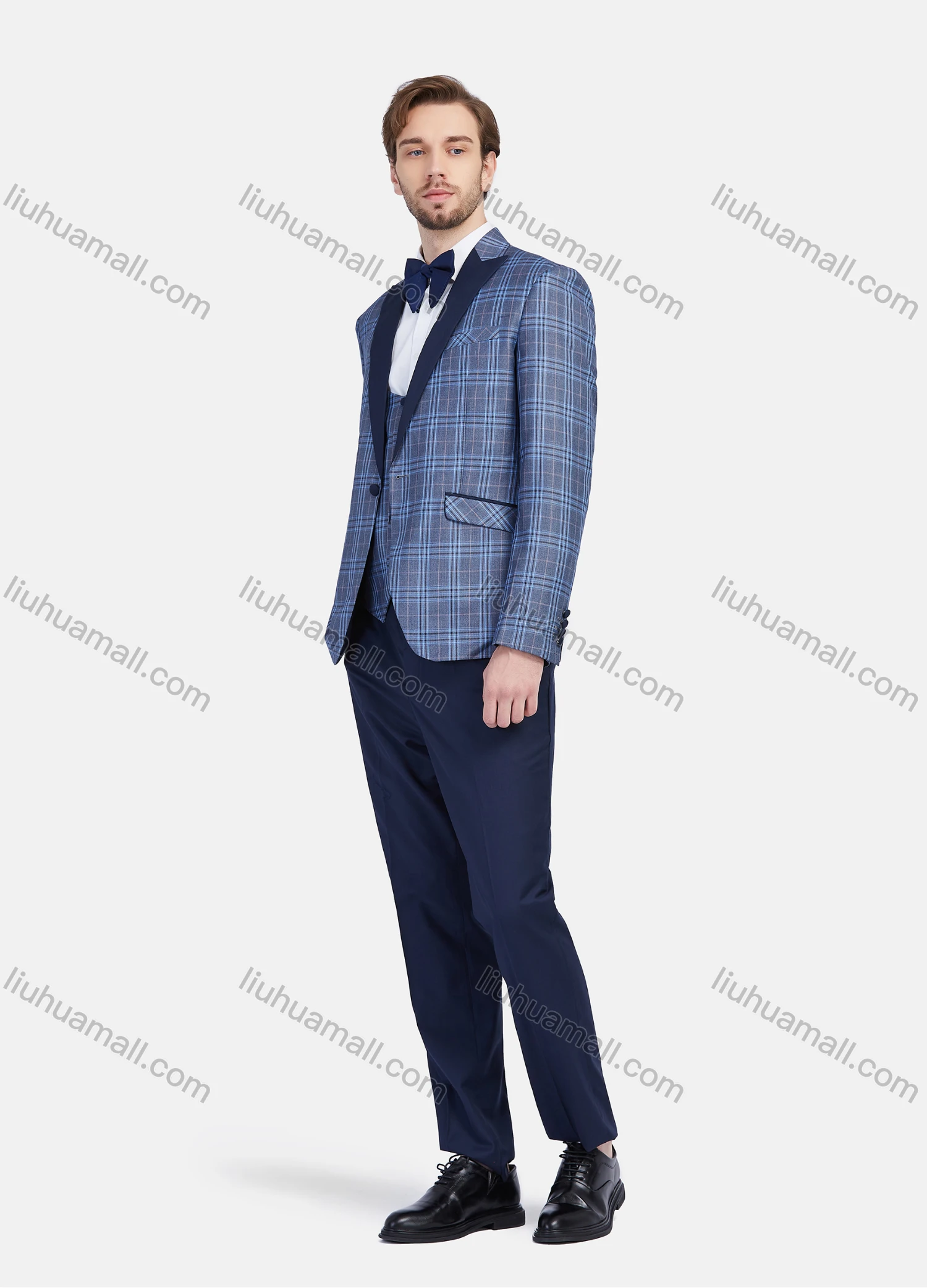 Wholesale Men's Business Lapel One Button Plaid Print Wedding Suit Jacket With Waistcoat 3 Piece Set - Liuhuamall
