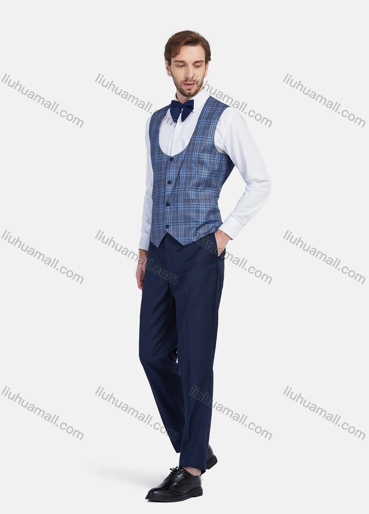 Wholesale Men's Business Lapel One Button Plaid Print Wedding Suit Jacket With Waistcoat 3 Piece Set - Liuhuamall