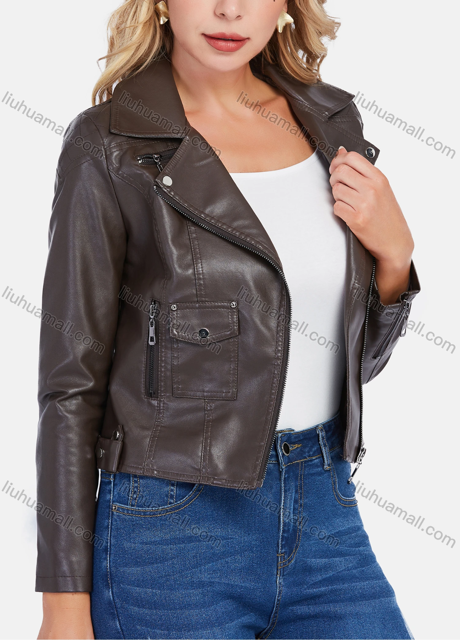 Wholesale Women's Fashion Lapel Zip Pockets Crop Leather Jacket - Liuhuamall