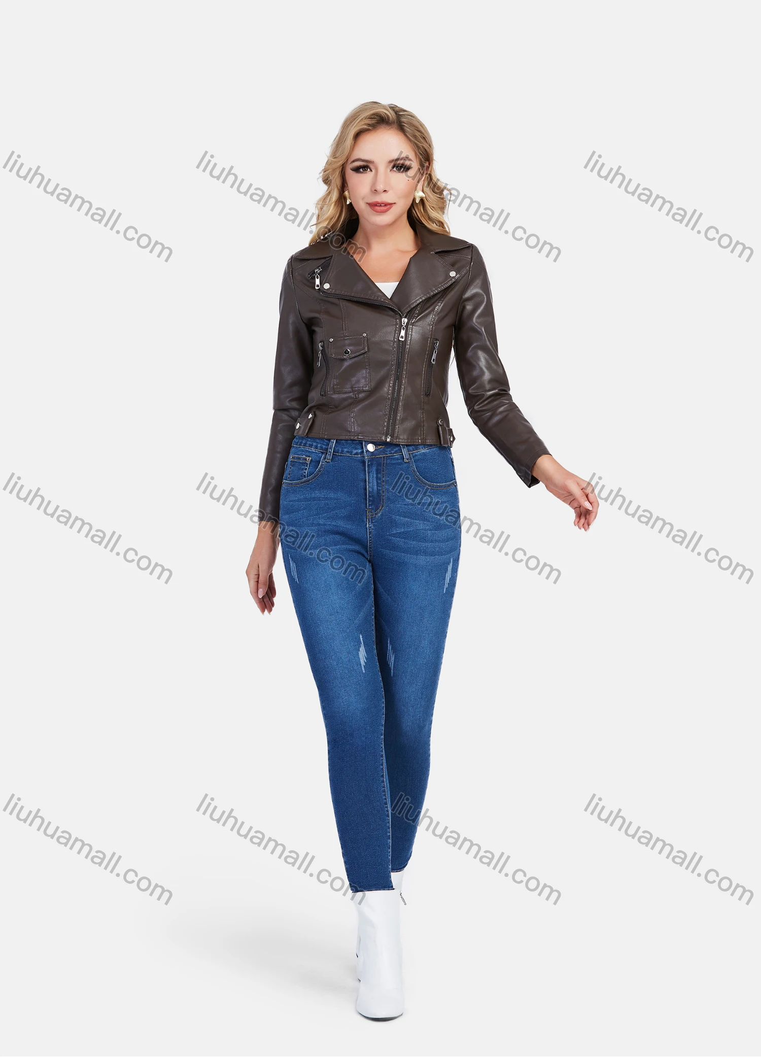 Wholesale Women's Fashion Lapel Zip Pockets Crop Leather Jacket - Liuhuamall