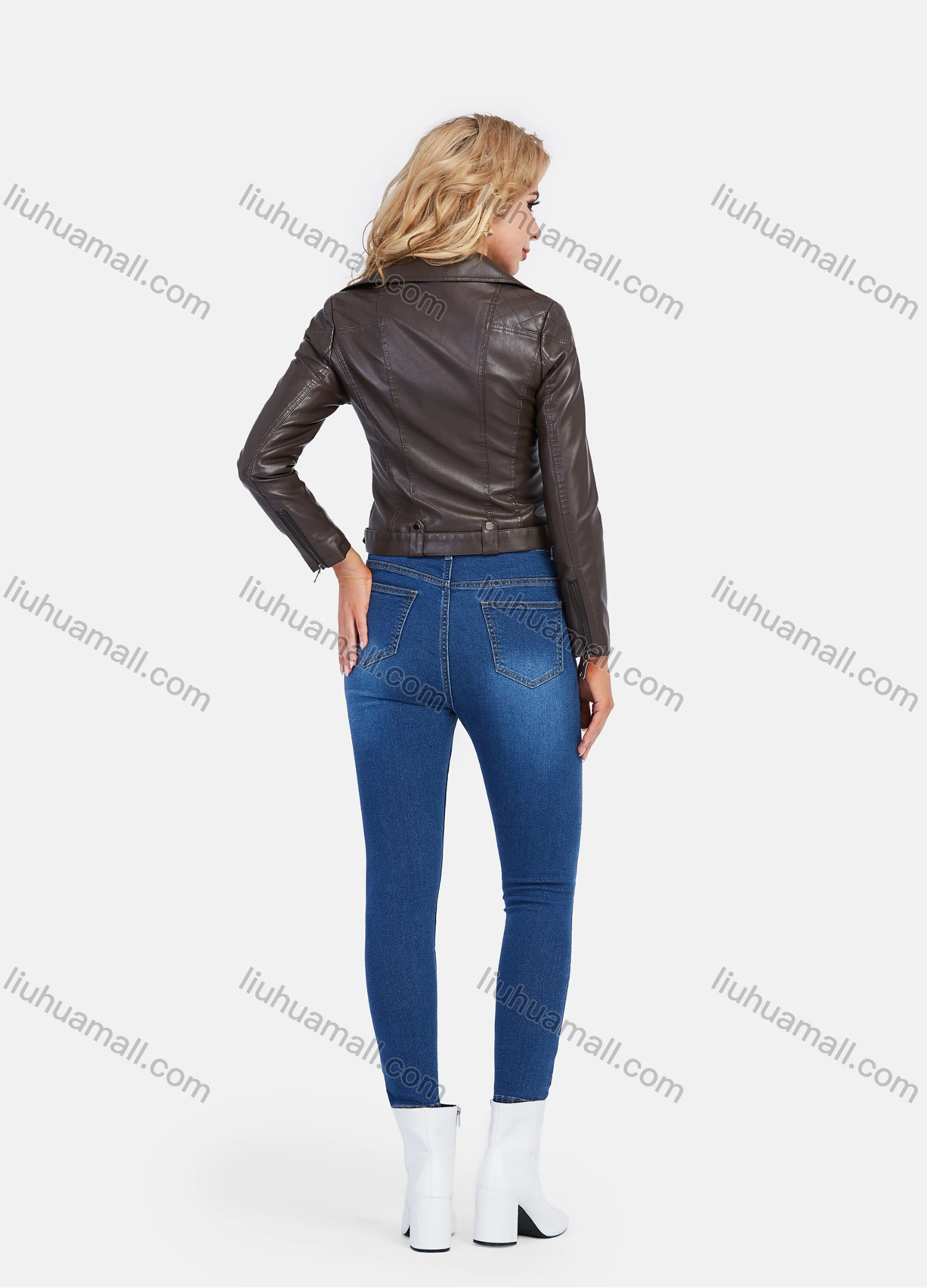 Wholesale Women's Fashion Lapel Zip Pockets Crop Leather Jacket - Liuhuamall