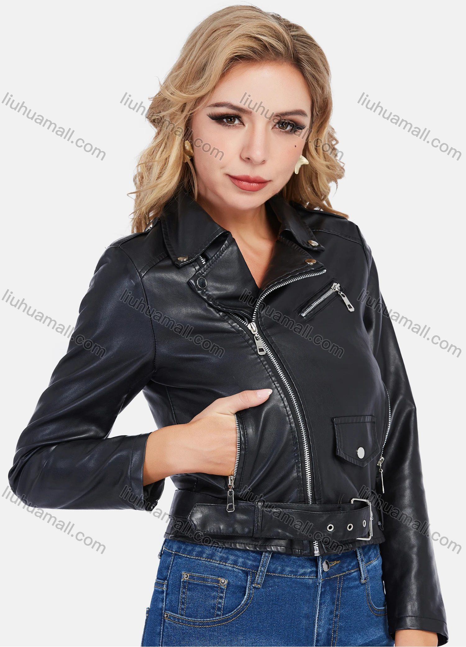 Wholesale Women's Fashion Lapel Buckle Multiple Zip Pockets Crop Leather Biker Jacket - Liuhuamall