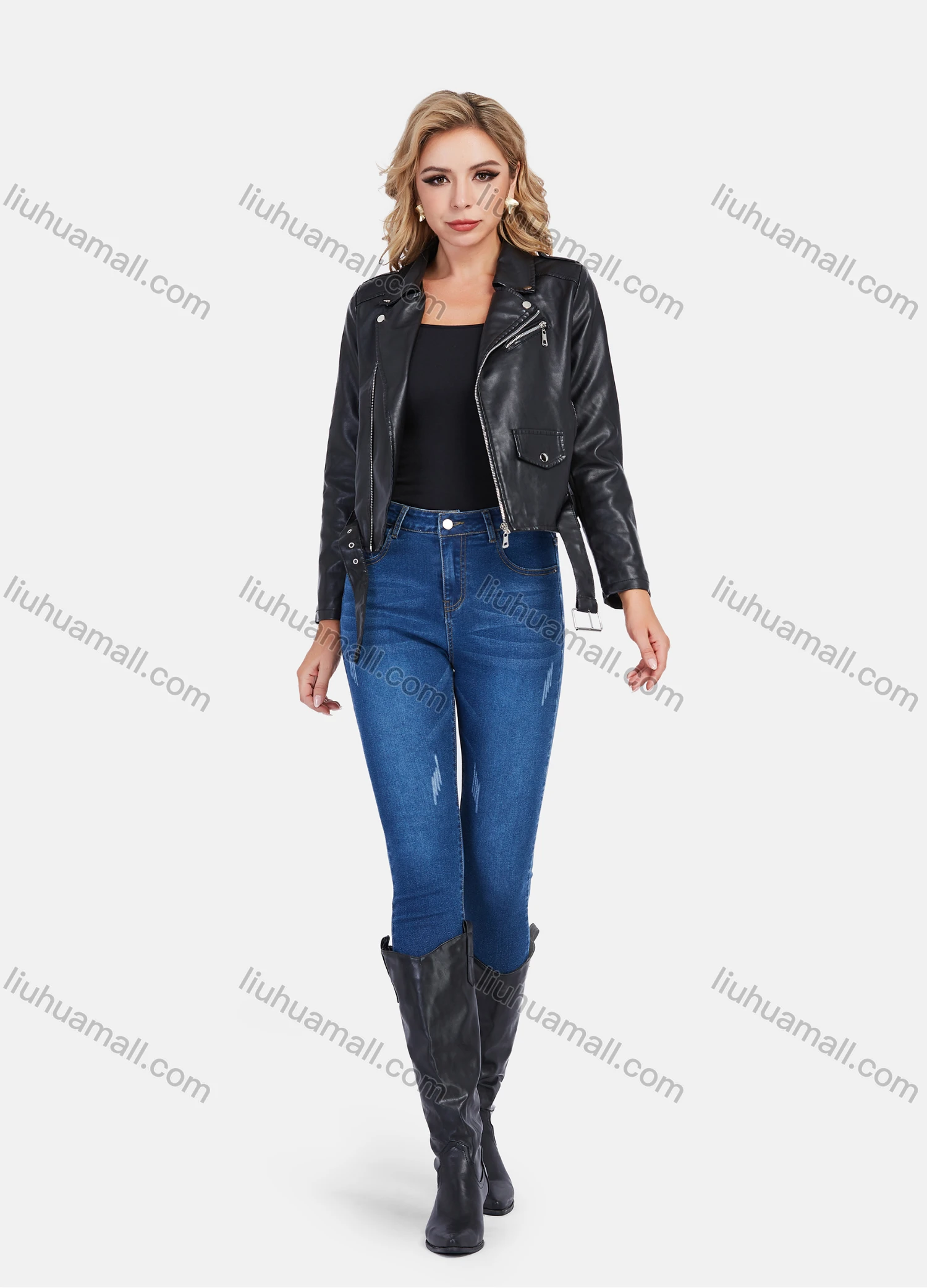 Wholesale Women's Fashion Lapel Buckle Multiple Zip Pockets Crop Leather Biker Jacket - Liuhuamall