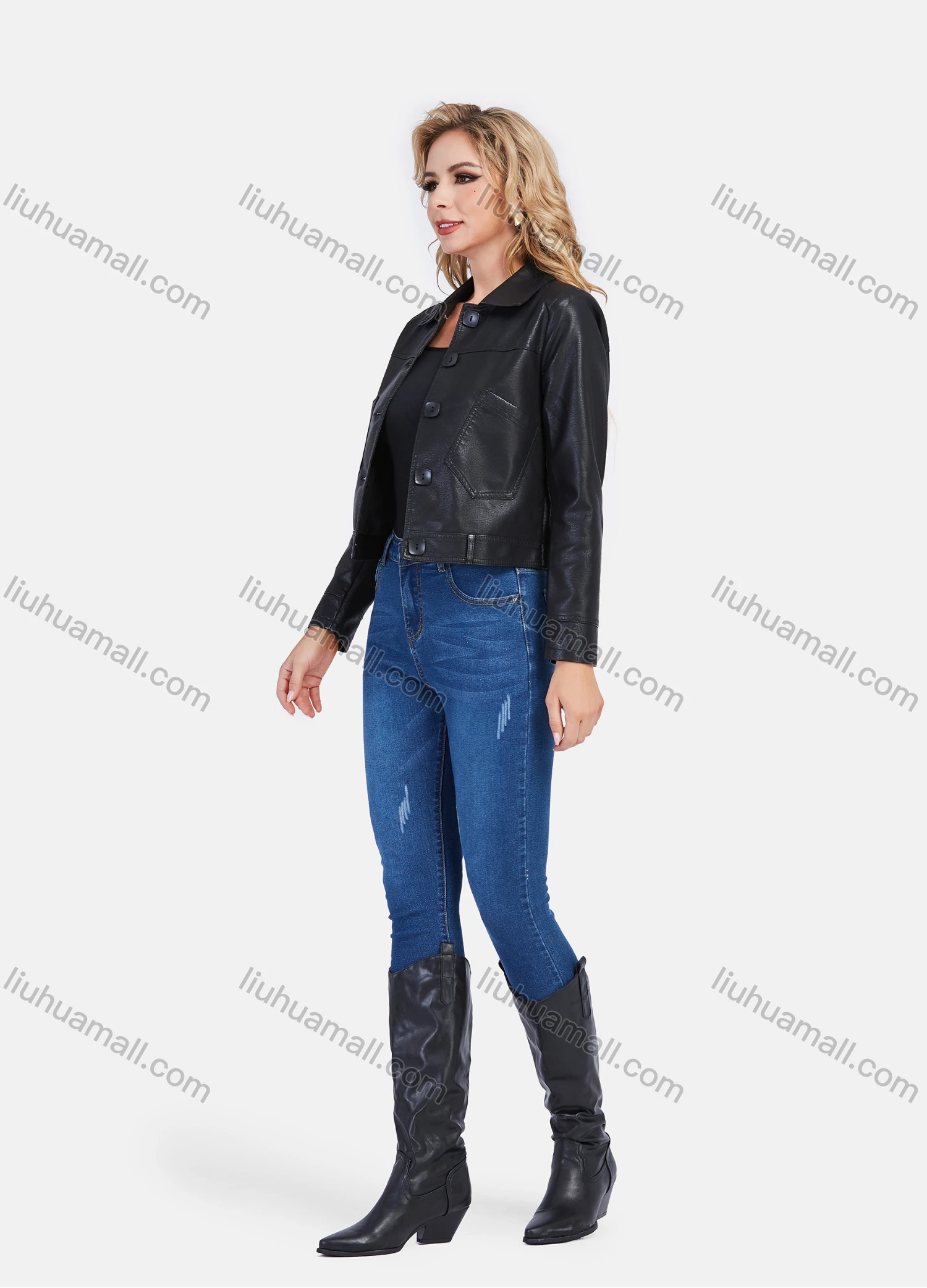 Wholesale Women's Fashion Lapel Button Front Patch Pockets Plain Crop Leather Jacket - Liuhuamall