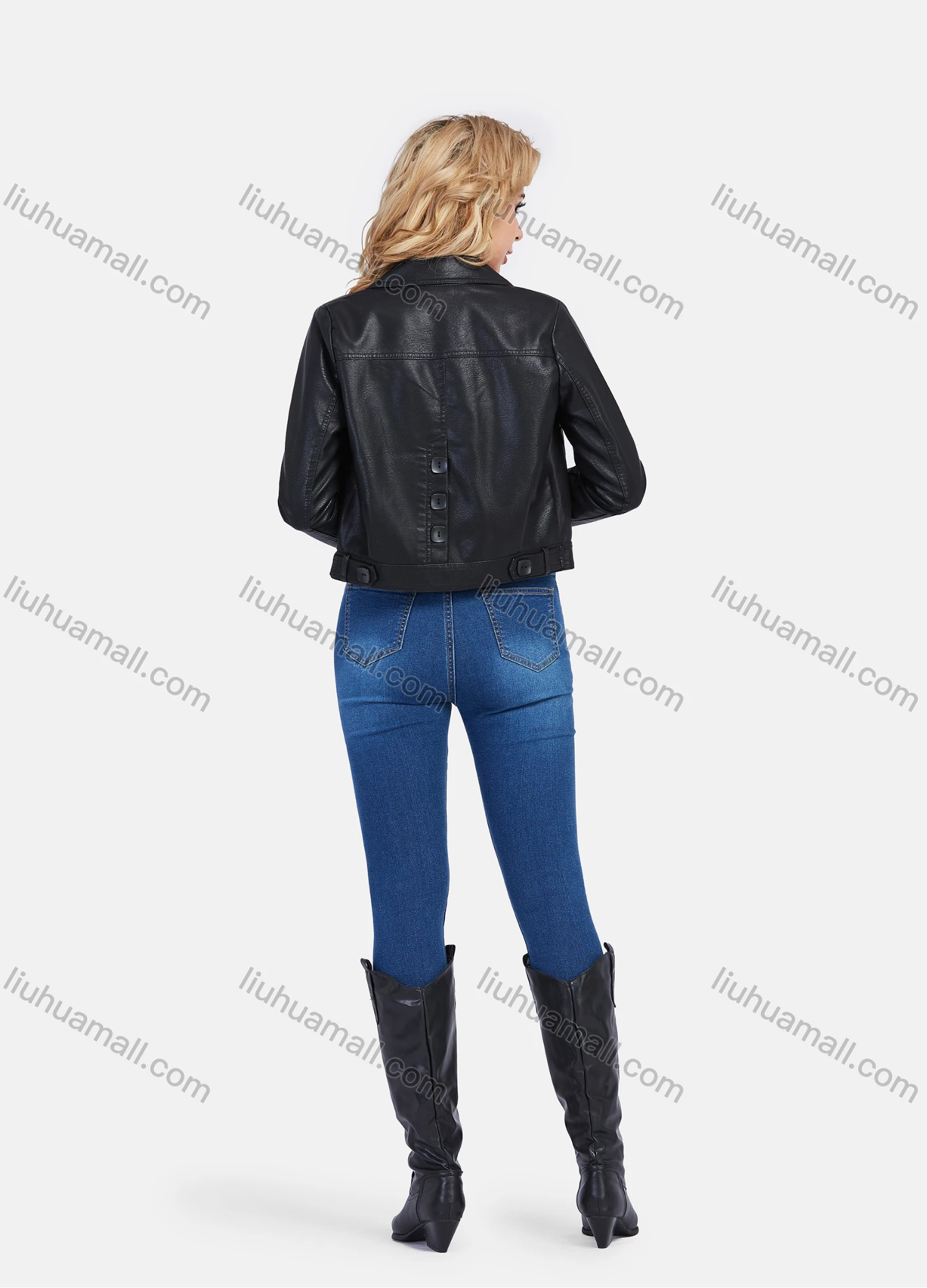 Wholesale Women's Fashion Lapel Button Front Patch Pockets Plain Crop Leather Jacket - Liuhuamall
