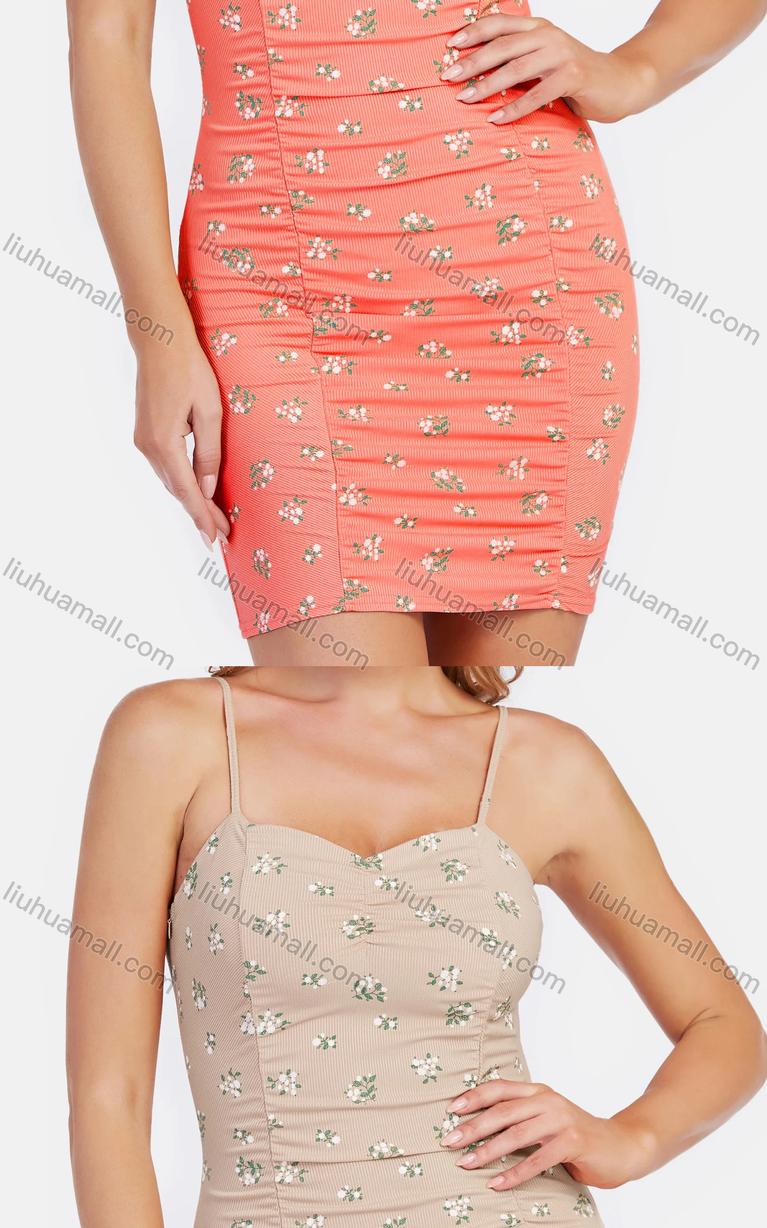 Wholesale Women's Sexy Sweetheart Collar Spaghetti Strap Floral Print Ribbed Pencil Mini Dress - Liuhuamall