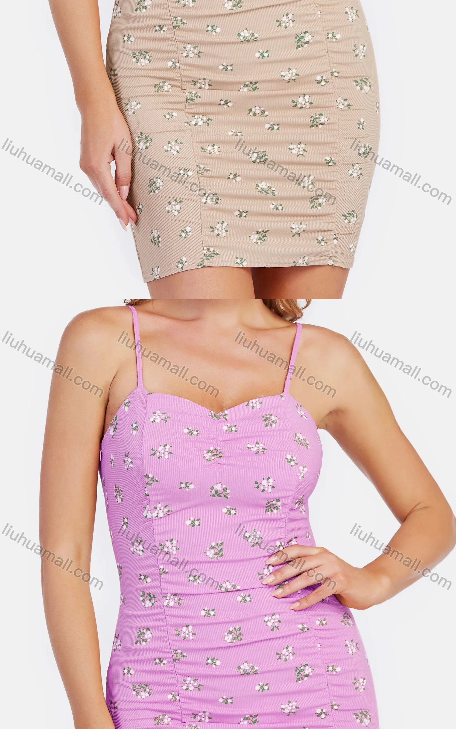 Wholesale Women's Sexy Sweetheart Collar Spaghetti Strap Floral Print Ribbed Pencil Mini Dress - Liuhuamall