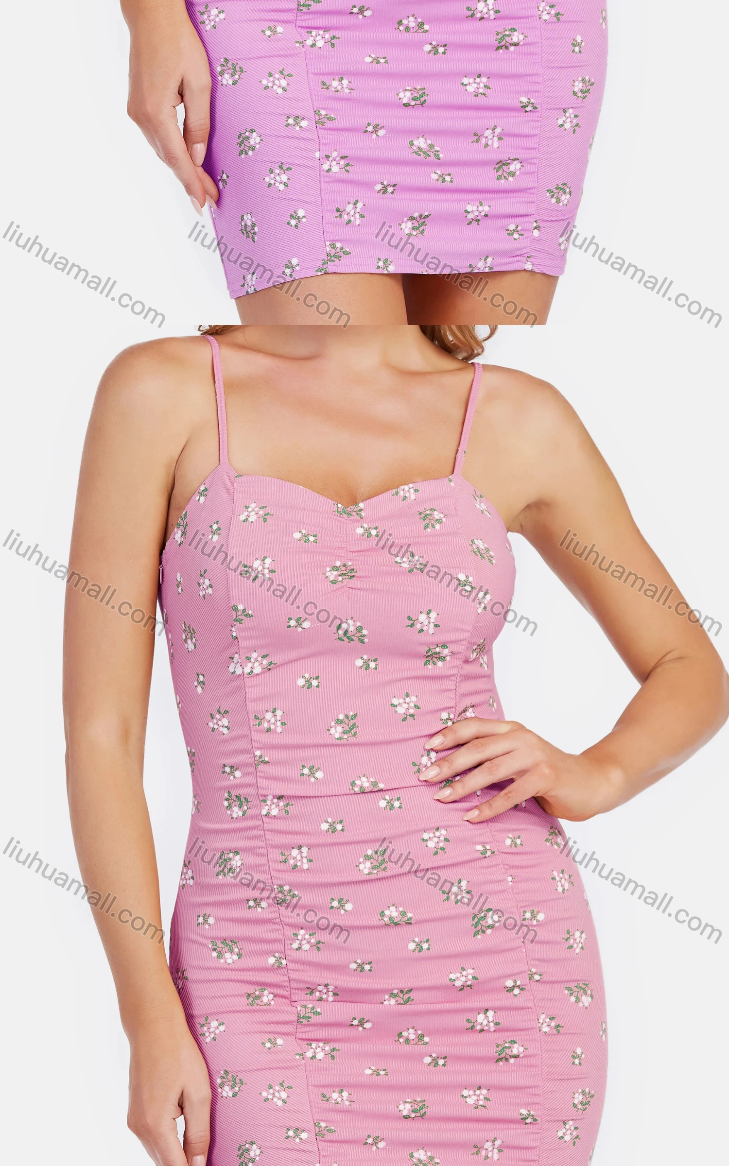 Wholesale Women's Sexy Sweetheart Collar Spaghetti Strap Floral Print Ribbed Pencil Mini Dress - Liuhuamall