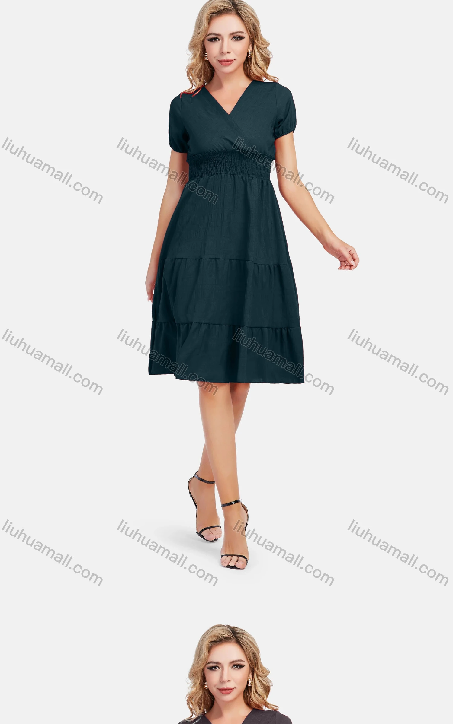 Wholesale Women's Casual Wrap V Neck Short Sleeve Elastic Waist Shirred Plain Smock Dress - Liuhuamall