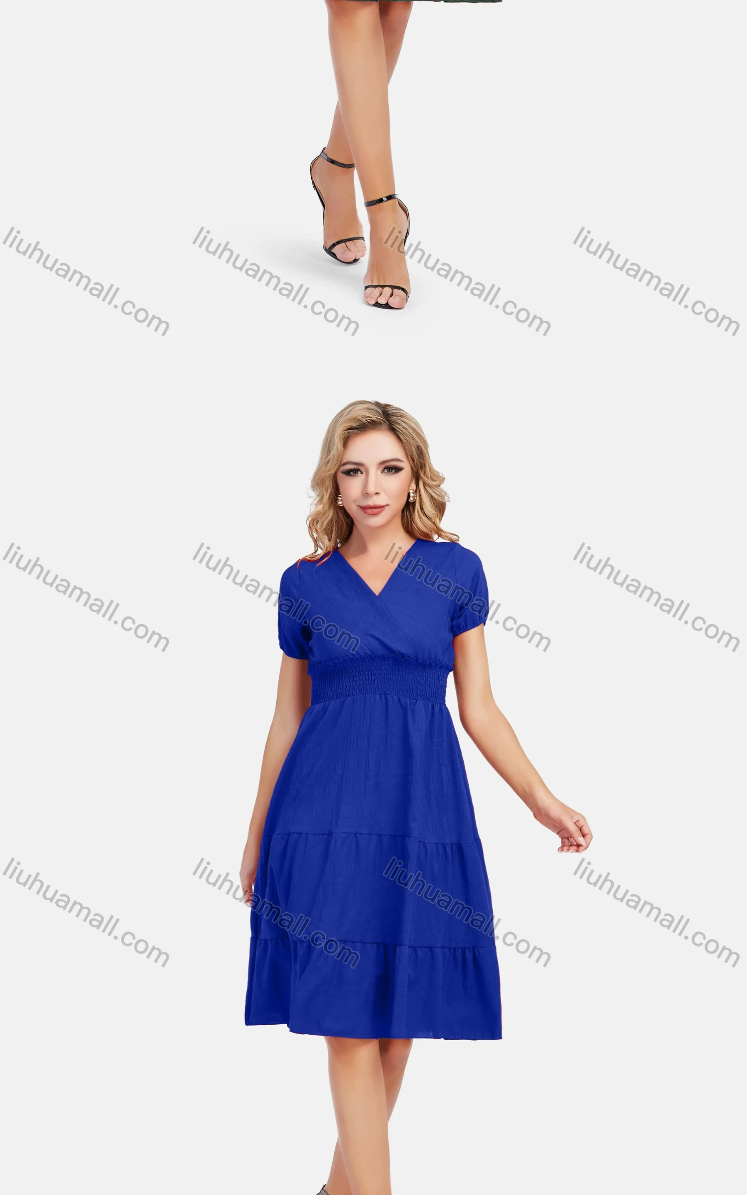 Wholesale Women's Casual Wrap V Neck Short Sleeve Elastic Waist Shirred Plain Smock Dress - Liuhuamall