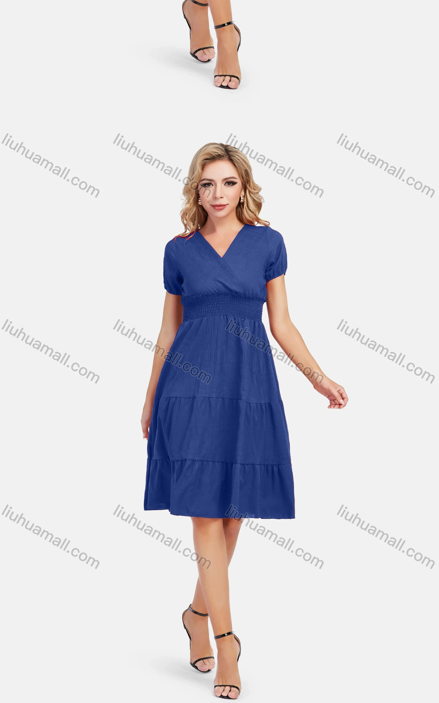 Wholesale Women's Casual Wrap V Neck Short Sleeve Elastic Waist Shirred Plain Smock Dress - Liuhuamall